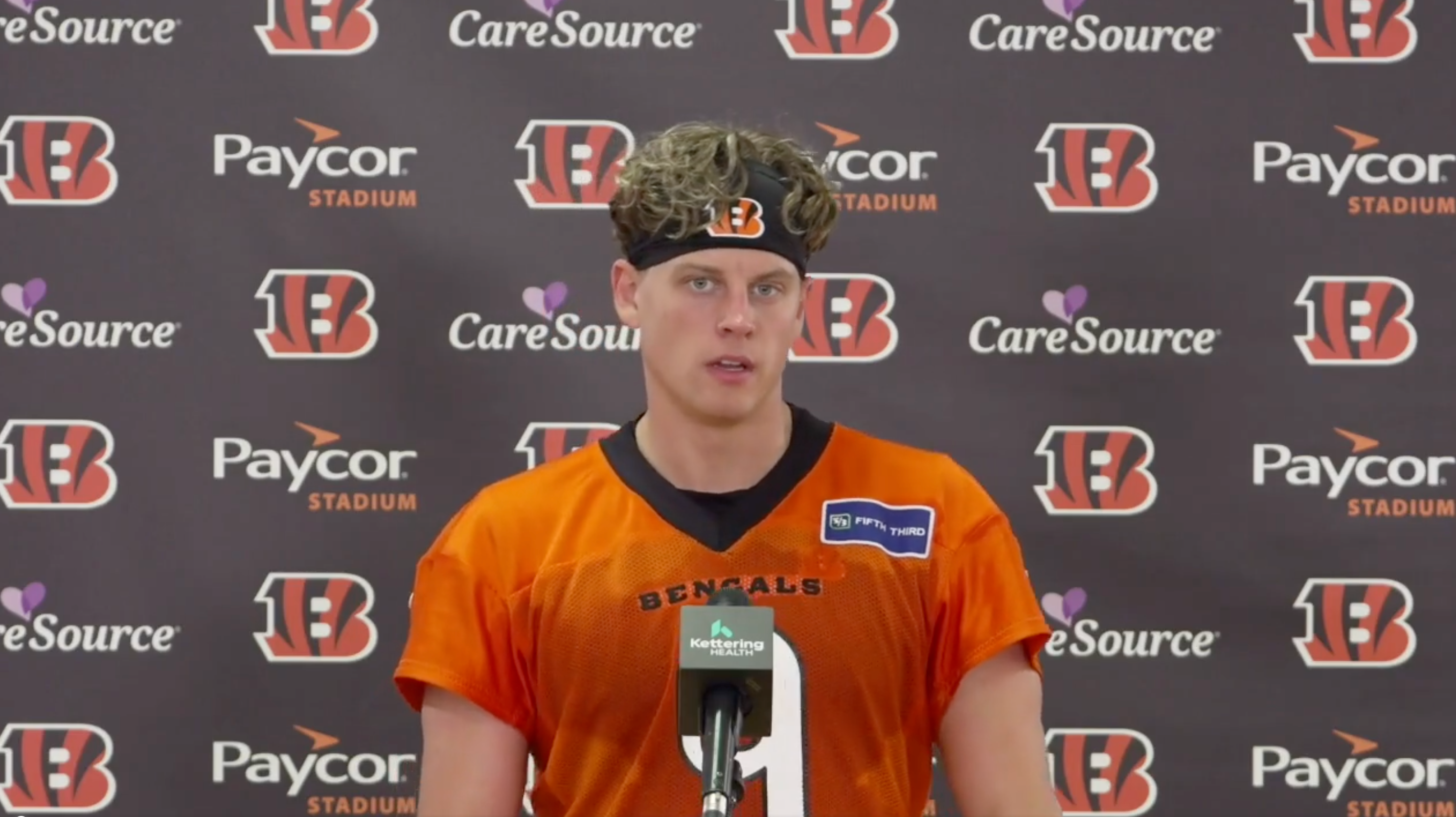 Cincinnati Bengals quarterback Joe Burrow talks to reporters on May 20, 2025.
