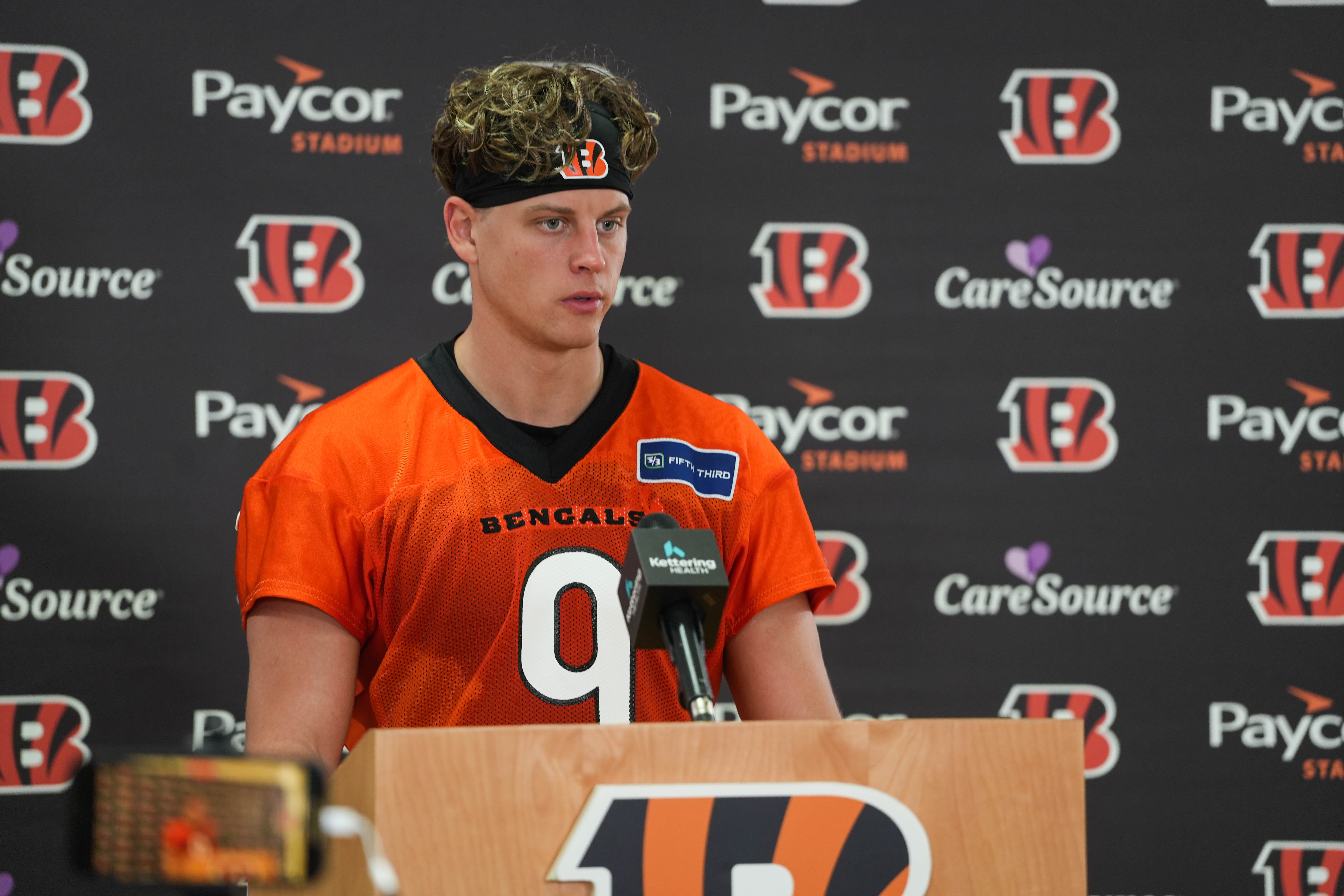 Cincinnati Bengals QB Joe Burrow (9) speaks at a press conference after their practice on Tuesday May 20, 2025.