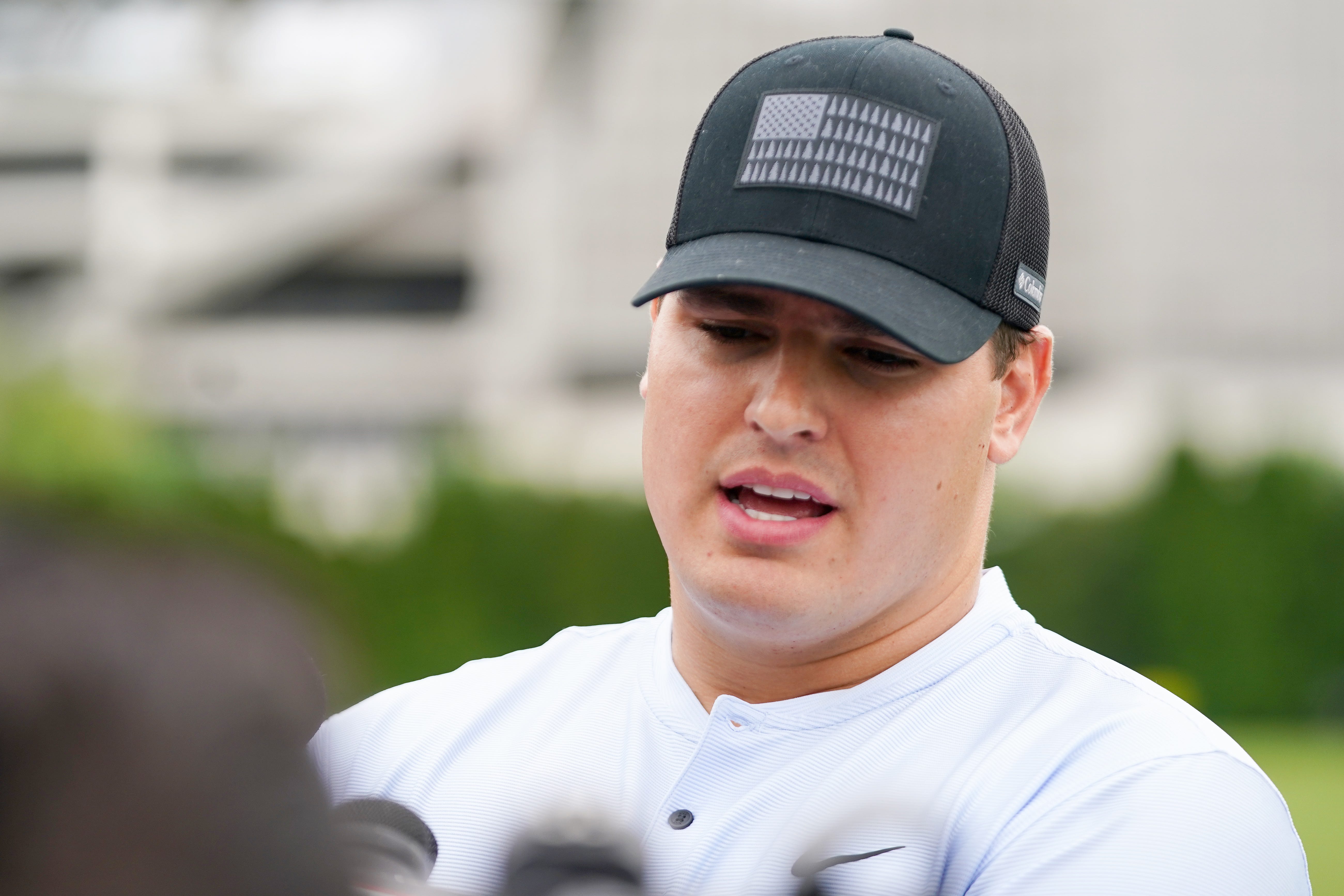 Cincinnati Bengals DE Trey Hendrickson speaks at a press conference after practice, Tuesday, May 13, 2025, at Kettering Health Practice Fields in Downtown Cincinnati.