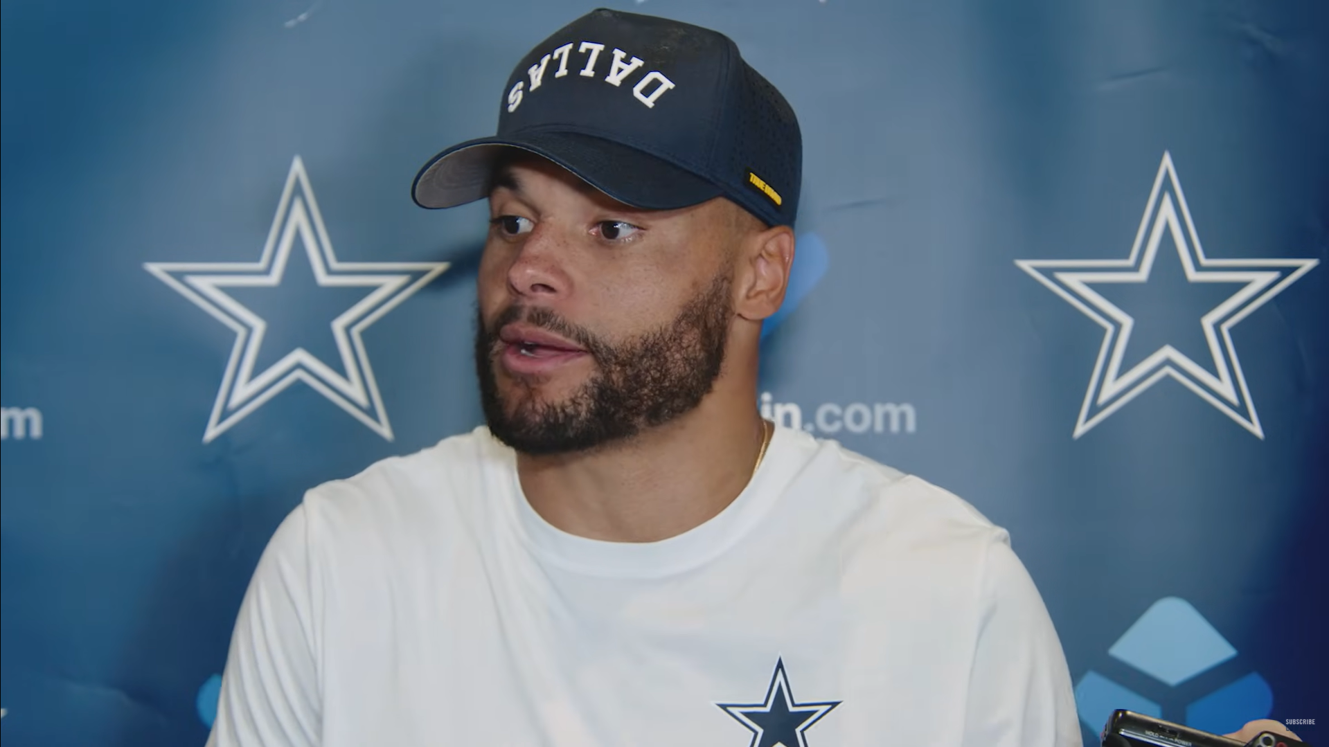 Dallas Cowboys quarterback Dak Prescott talks to reporters in the first week of OTAs.