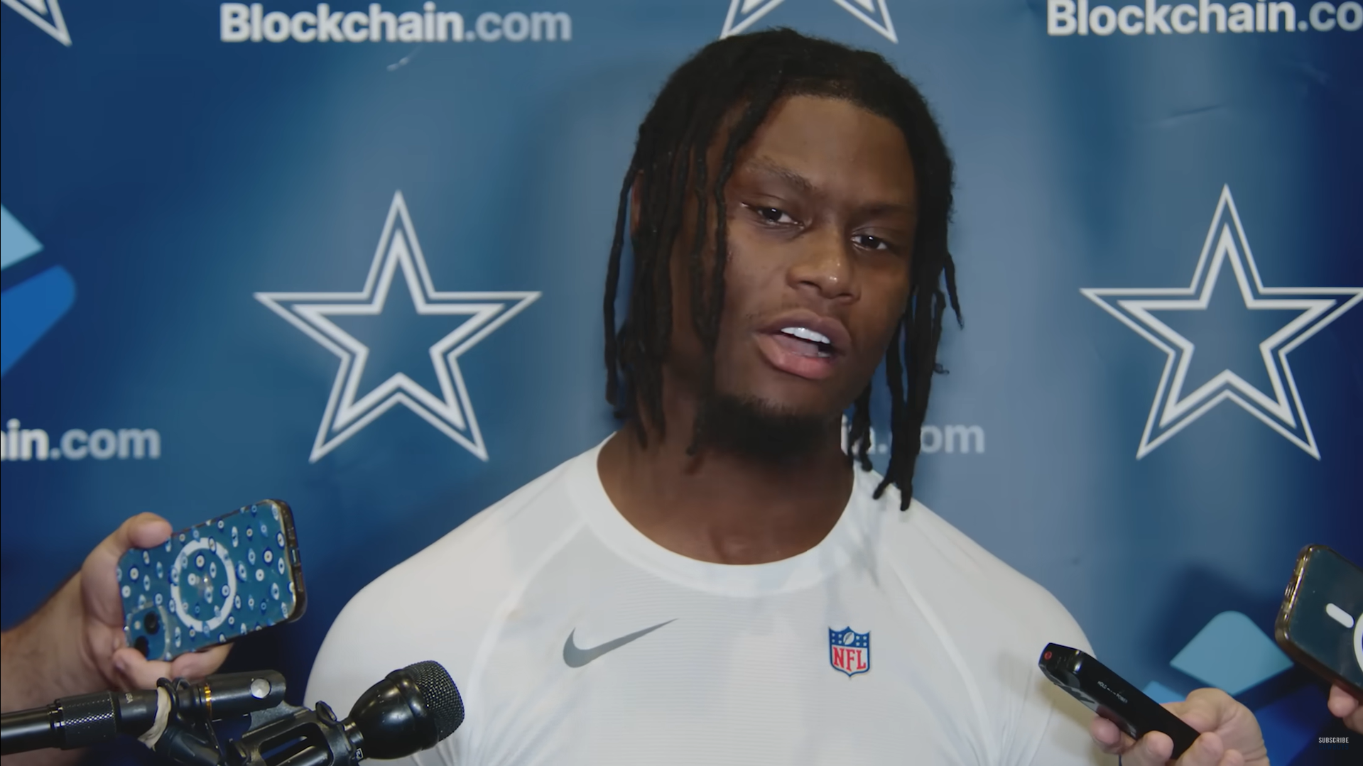Dallas Cowboys' George Pickens talks to reporters following second day of OTAs.