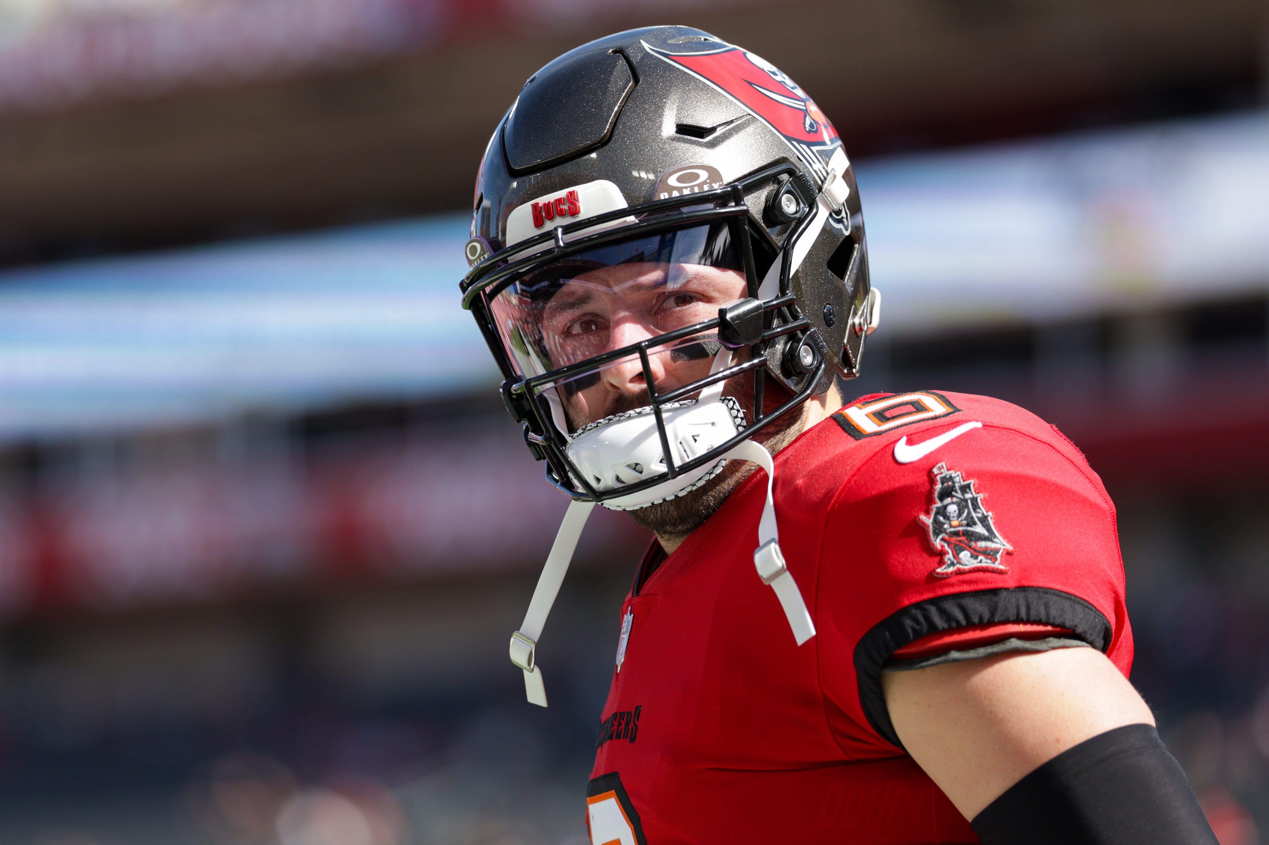 Jan 5, 2025; Tampa, Florida, USA; Tampa Bay Buccaneers quarterback Baker Mayfield (6) looks on before a game against the New Orleans Saints at Raymond James Stadium.