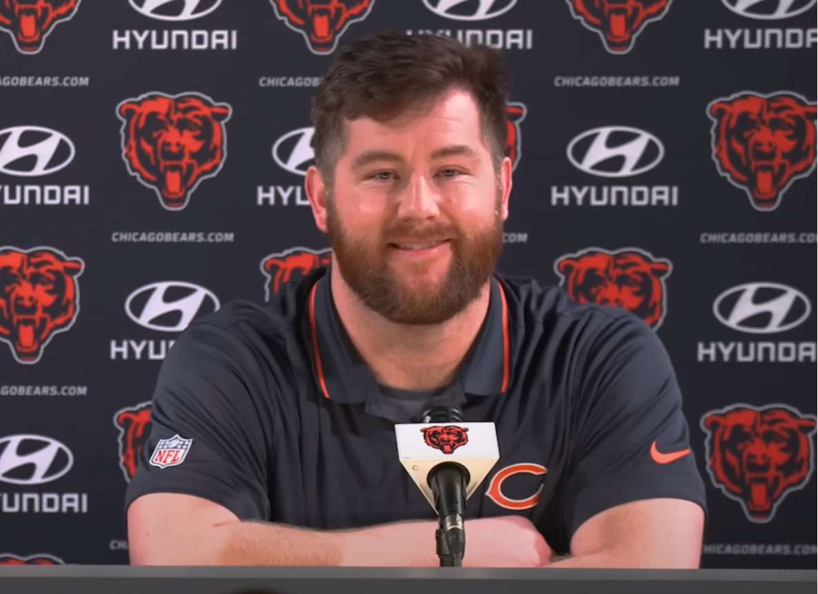 Joe Thuney speaks with the media at Halas Hall.