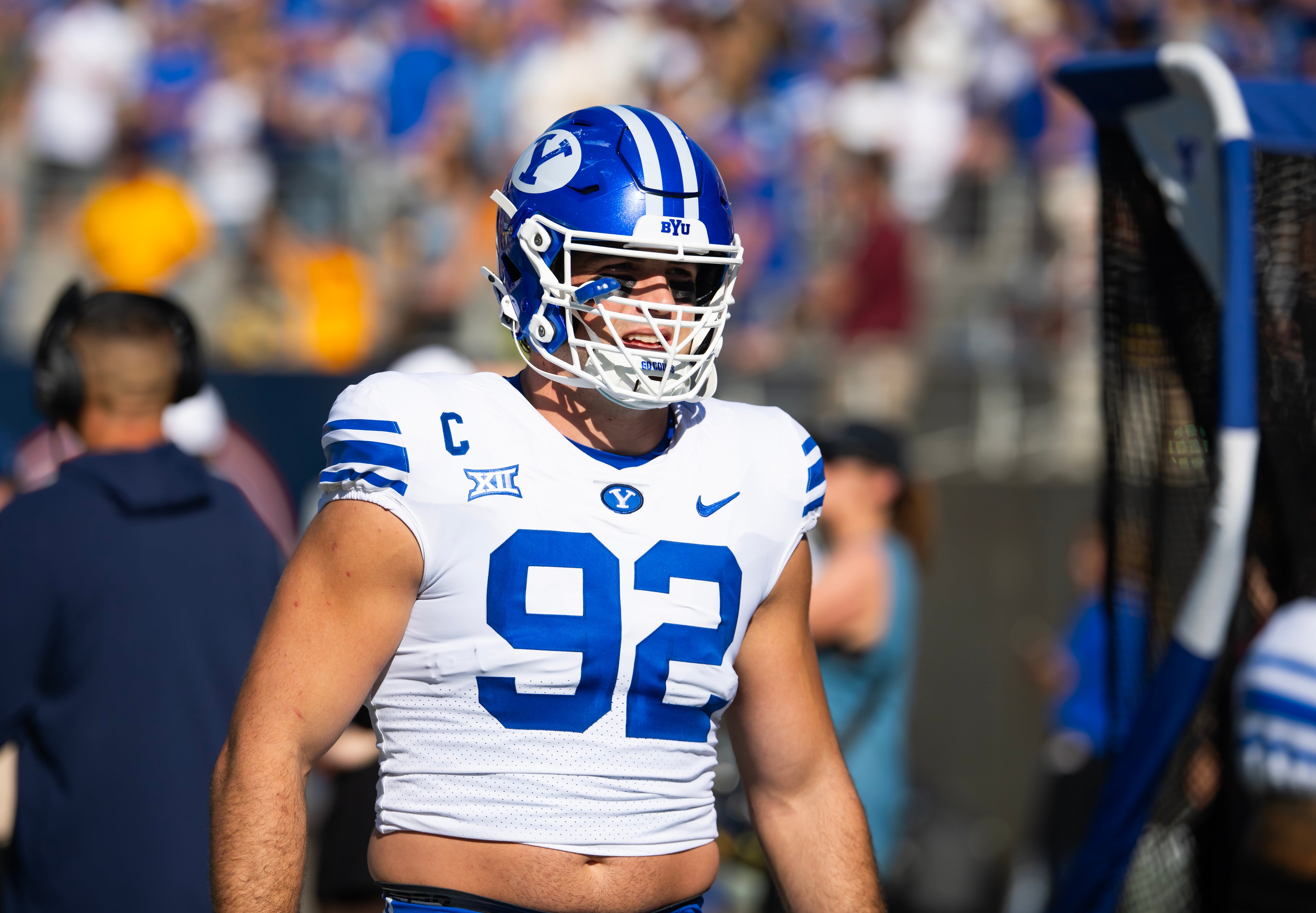 Nov 23, 2024; Tempe, Arizona, USA; Brigham Young Cougars defensive end Tyler Batty (92) against the Arizona State Sun Devils at Mountain America Stadium.