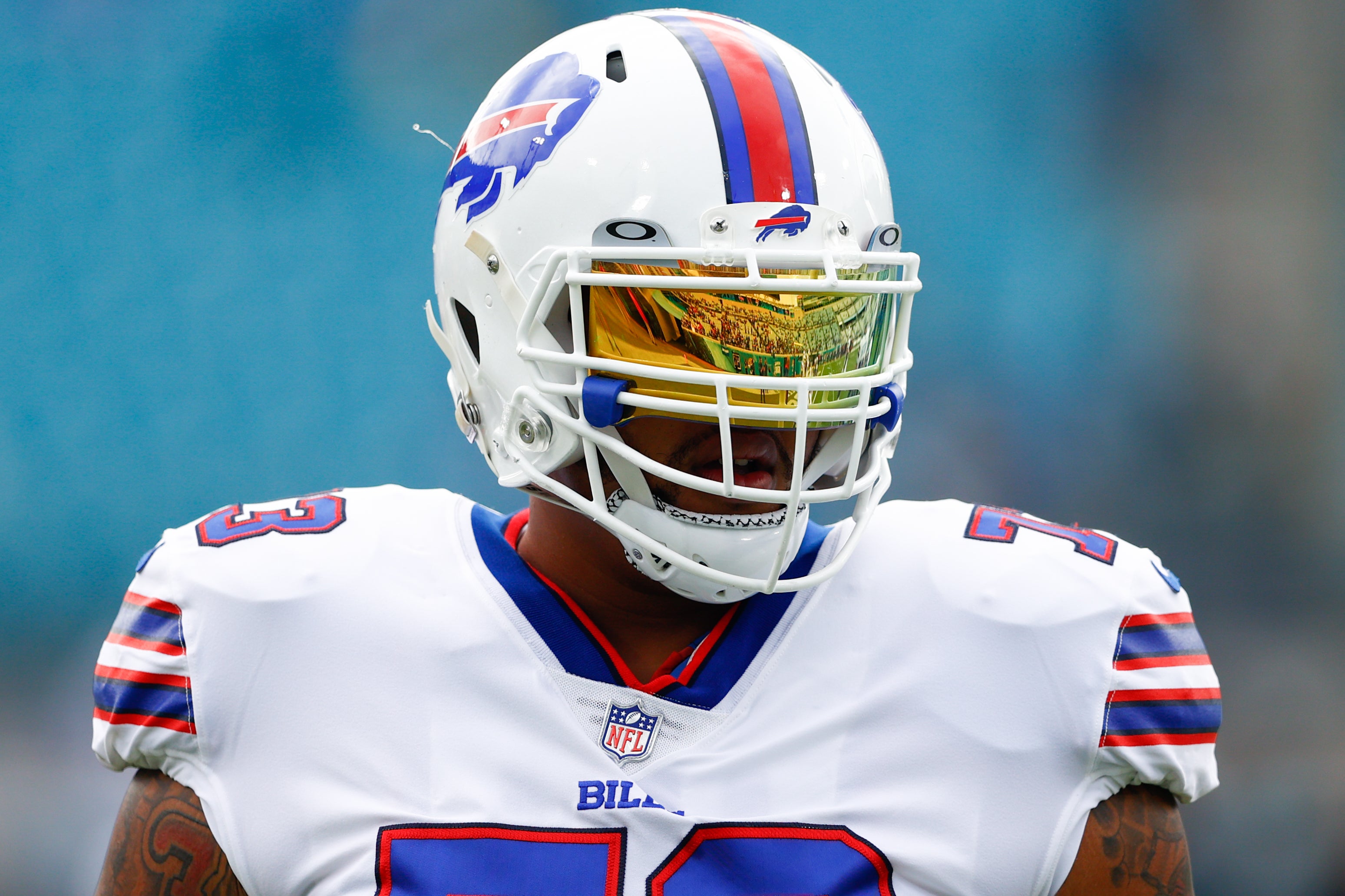 Nov 7, 2021; Jacksonville, Florida, USA; Buffalo Bills offensive tackle Dion Dawkins (73) looks on prior to the start of a game against the Jacksonville Jaguars at TIAA Bank Field.