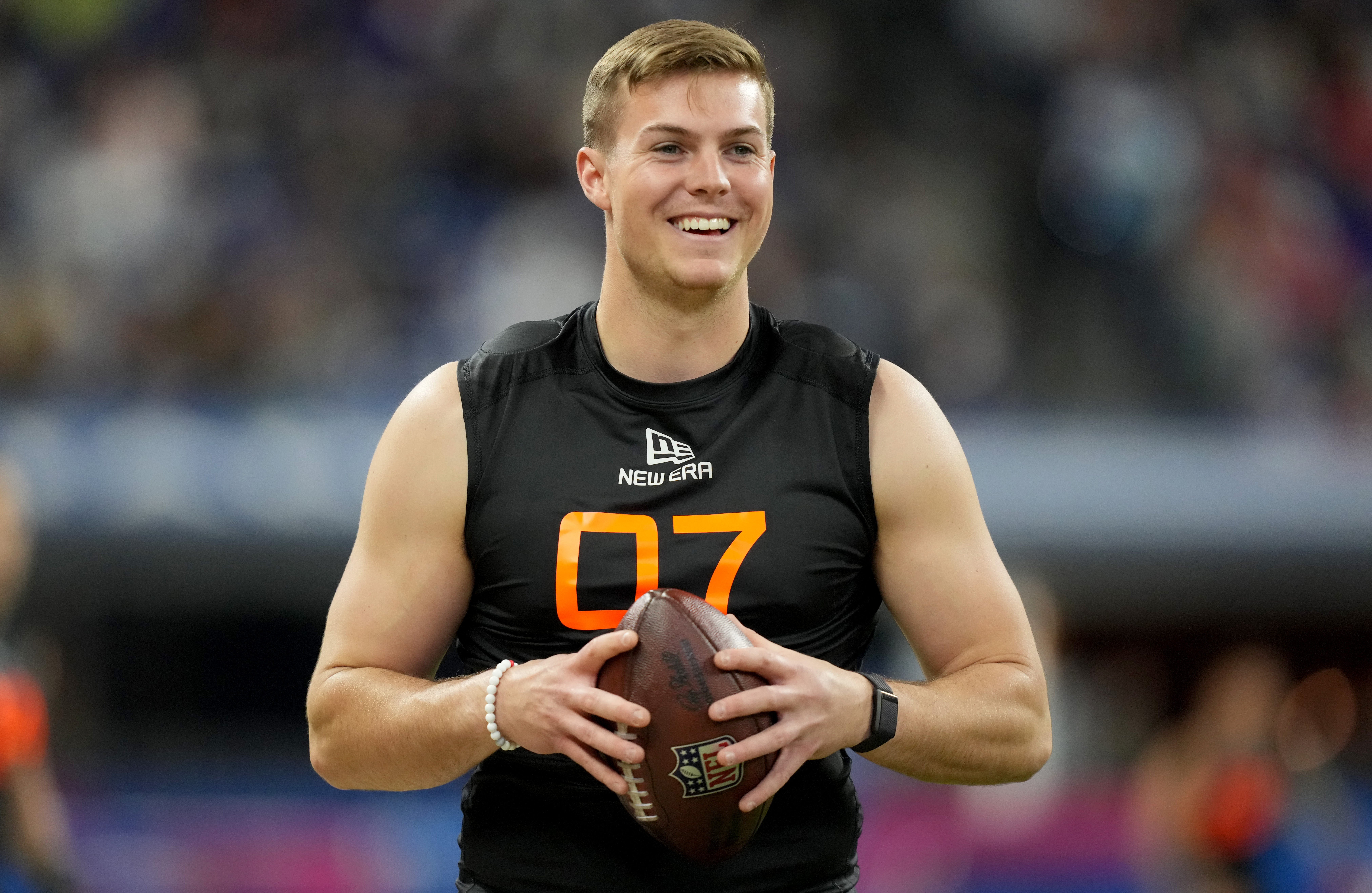 Mar 1, 2025; Indianapolis, IN, USA; Ohio State quarterback Will Howard (QB07) during the 2025 NFL Combine at Lucas Oil Stadium.