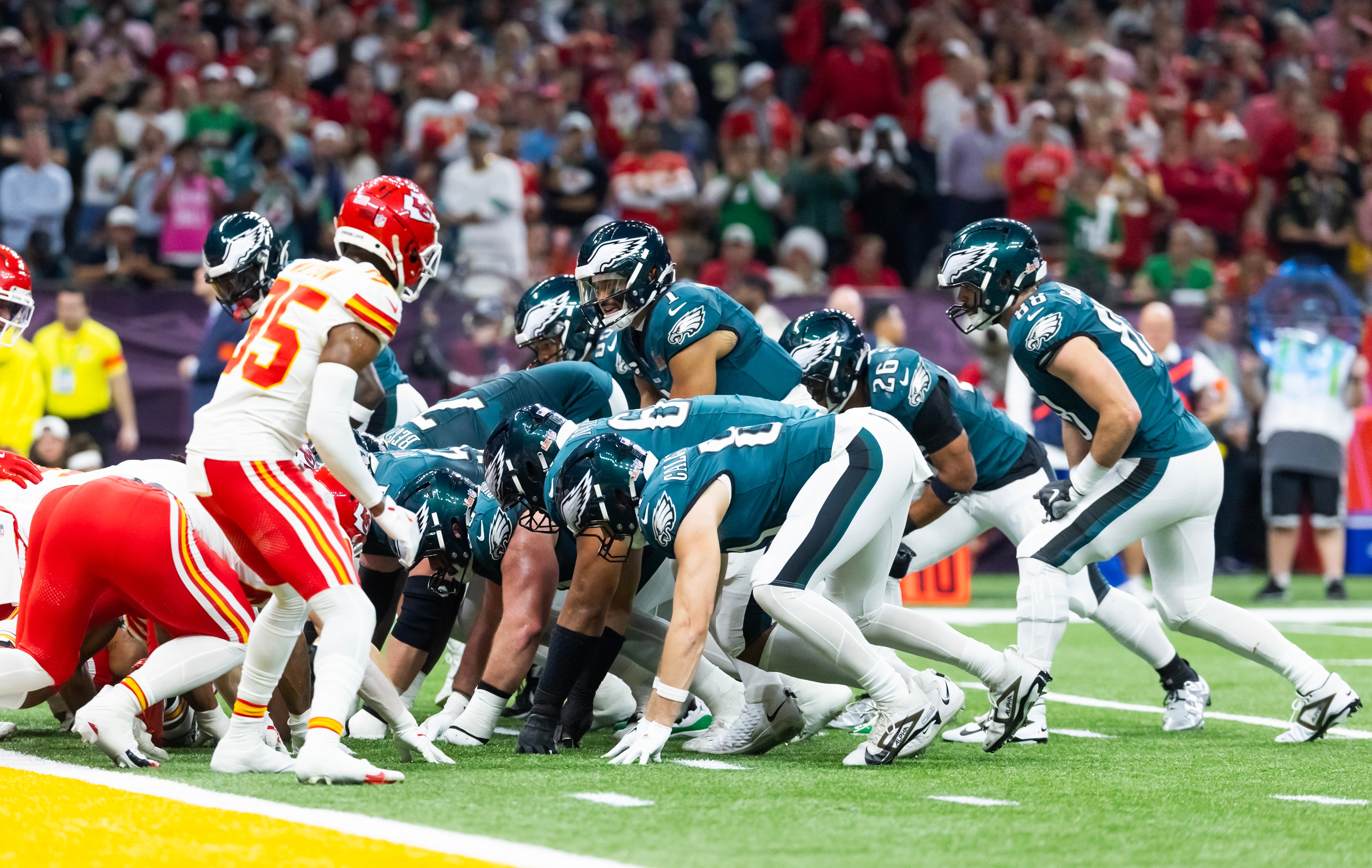 Feb 9, 2025; New Orleans, LA, USA; Philadelphia Eagles quarterback Jalen Hurts (1) lines up for the tush push play on the goal line against the Kansas City Chiefs during Super Bowl LIX at Ceasars Superdome.
