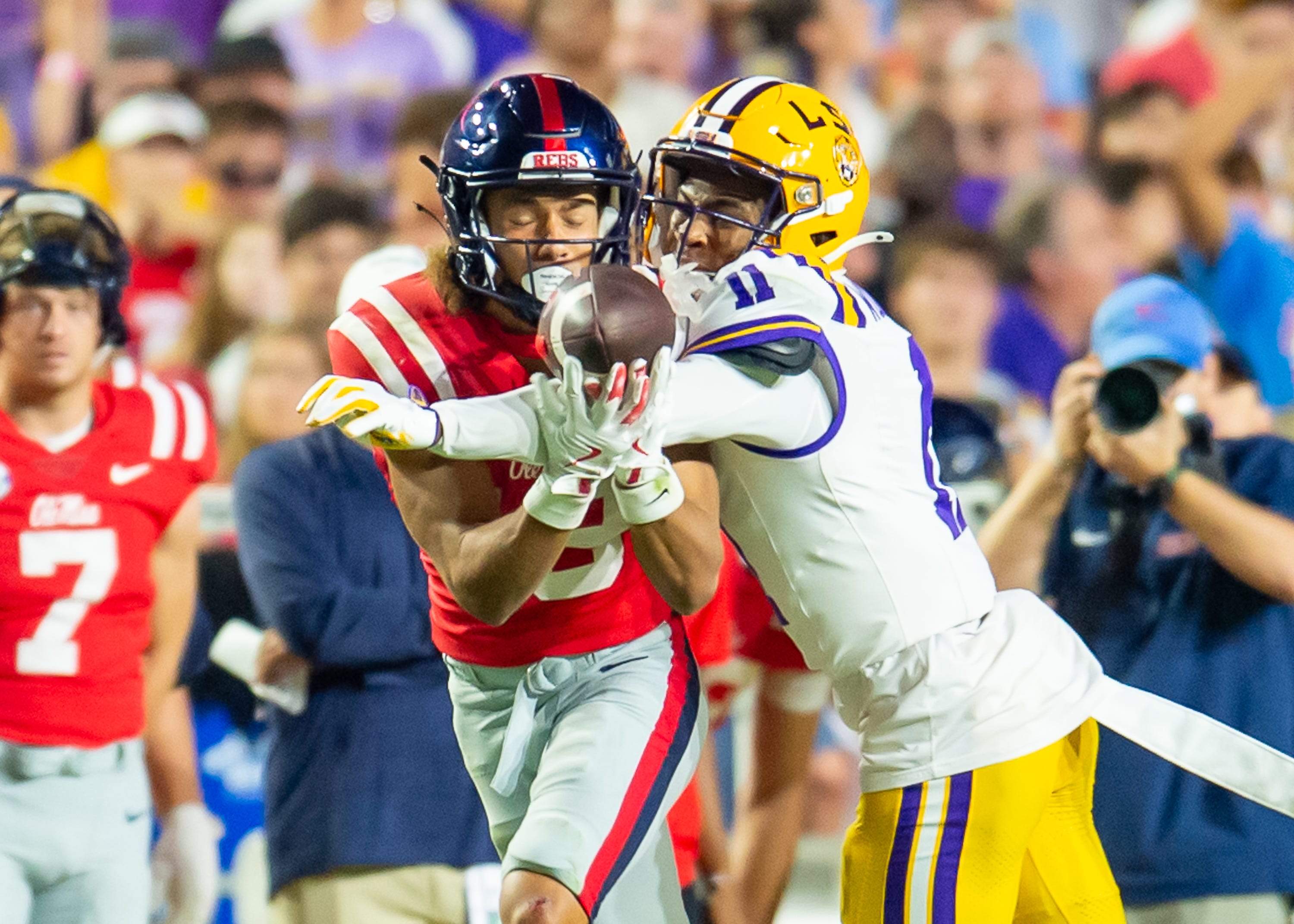 Cornerback PJ Woodland 11 breaks up a pass as the LSU Tigers take on the Ole Miss Rebels at Tiger Stadium in Baton Rouge, LA. Saturday, Oct. 12, 2024.Saturday, Oct. 12, 2024.