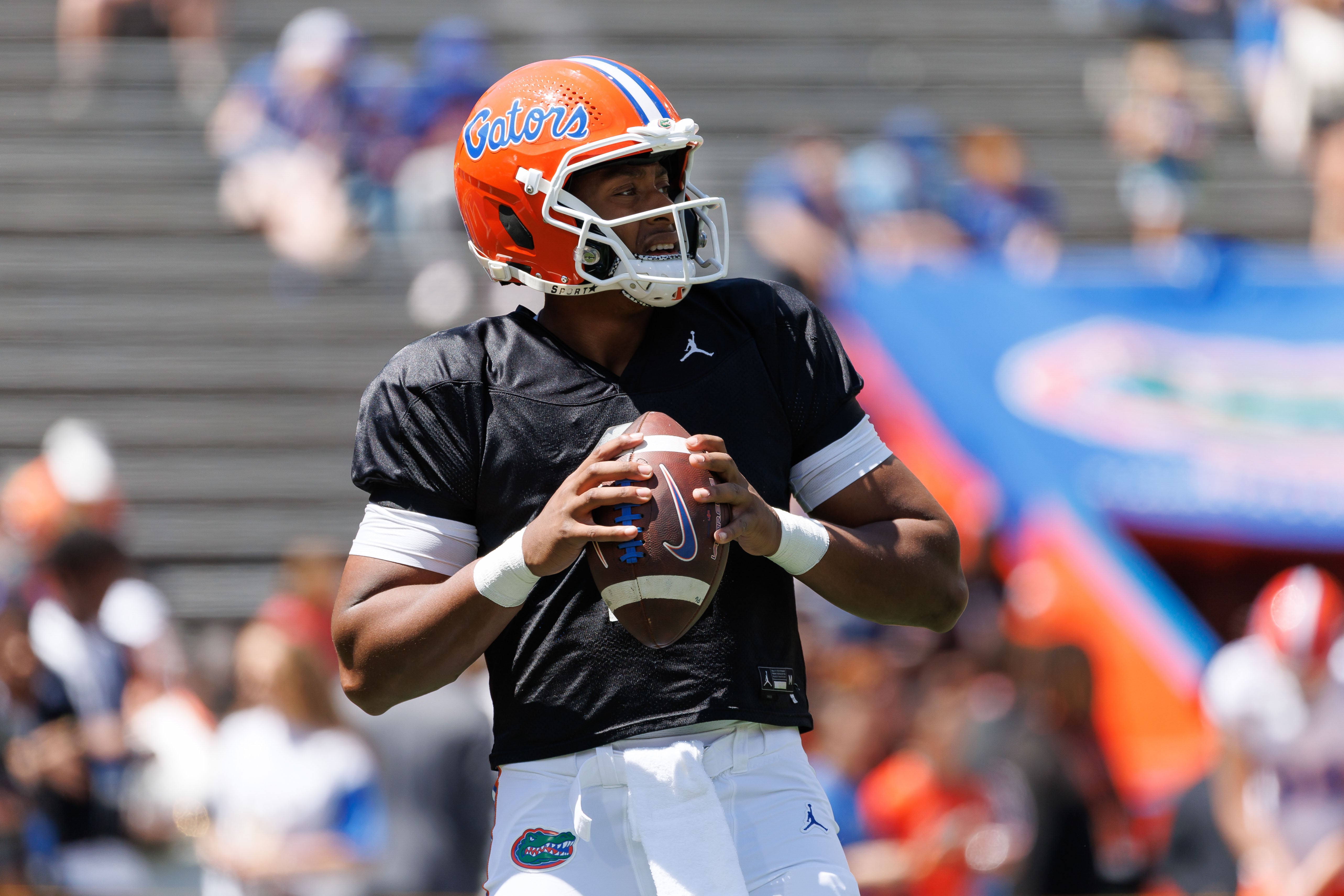 Apr 12, 2025; Gainesville, FL, USA; Florida Gators quarterback DJ Lagway (2) looks to throw before the game at Ben Hill Griffin Stadium.