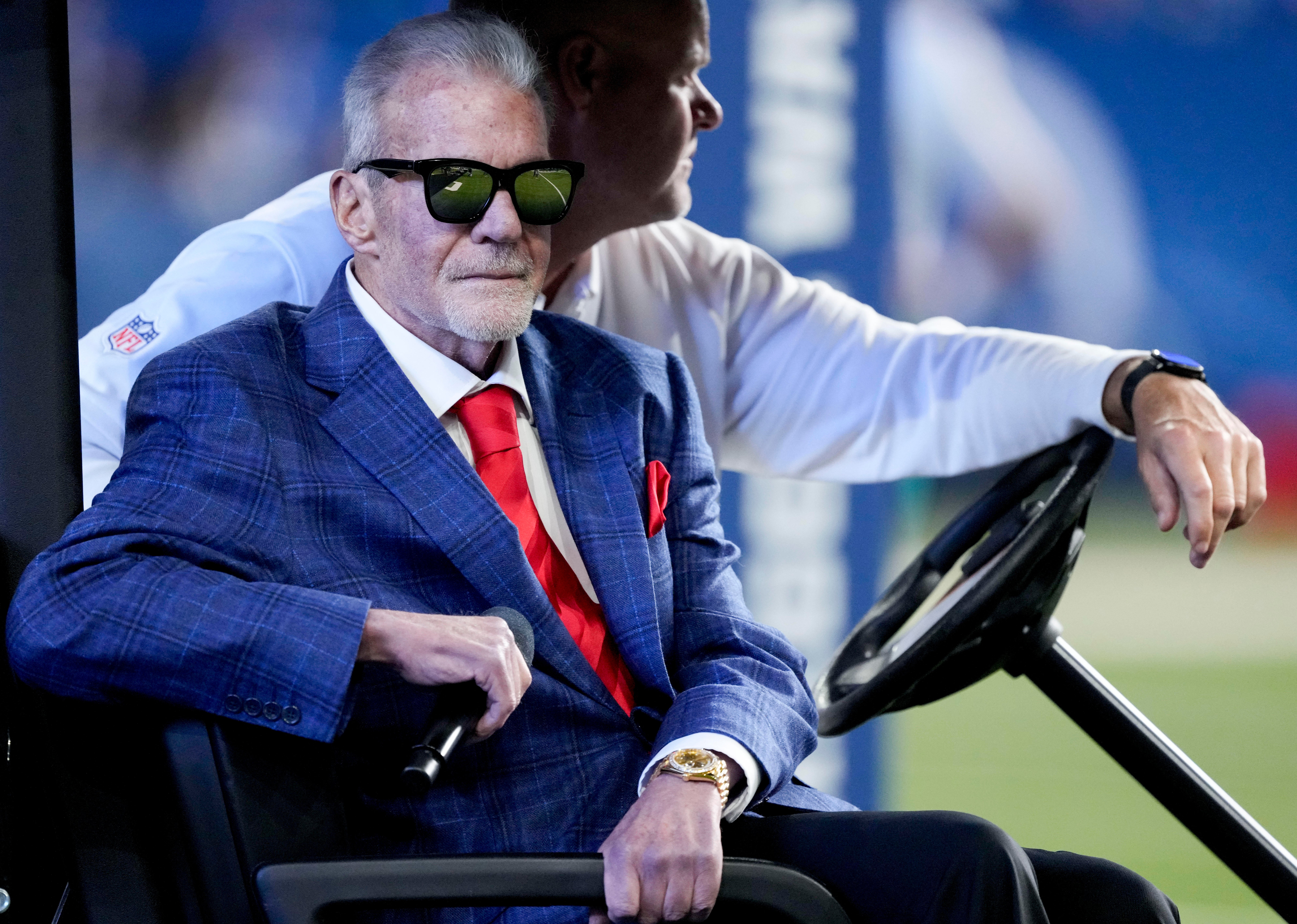 Oct 20, 2024; Indianapolis, Indiana, USA; Indianapolis Colts owner Jim Irsay sits in a golf cart during a Ring of Honor ceremony for Dallas Clark during a game against the Miami Dolphins at Lucas Oil Stadium.