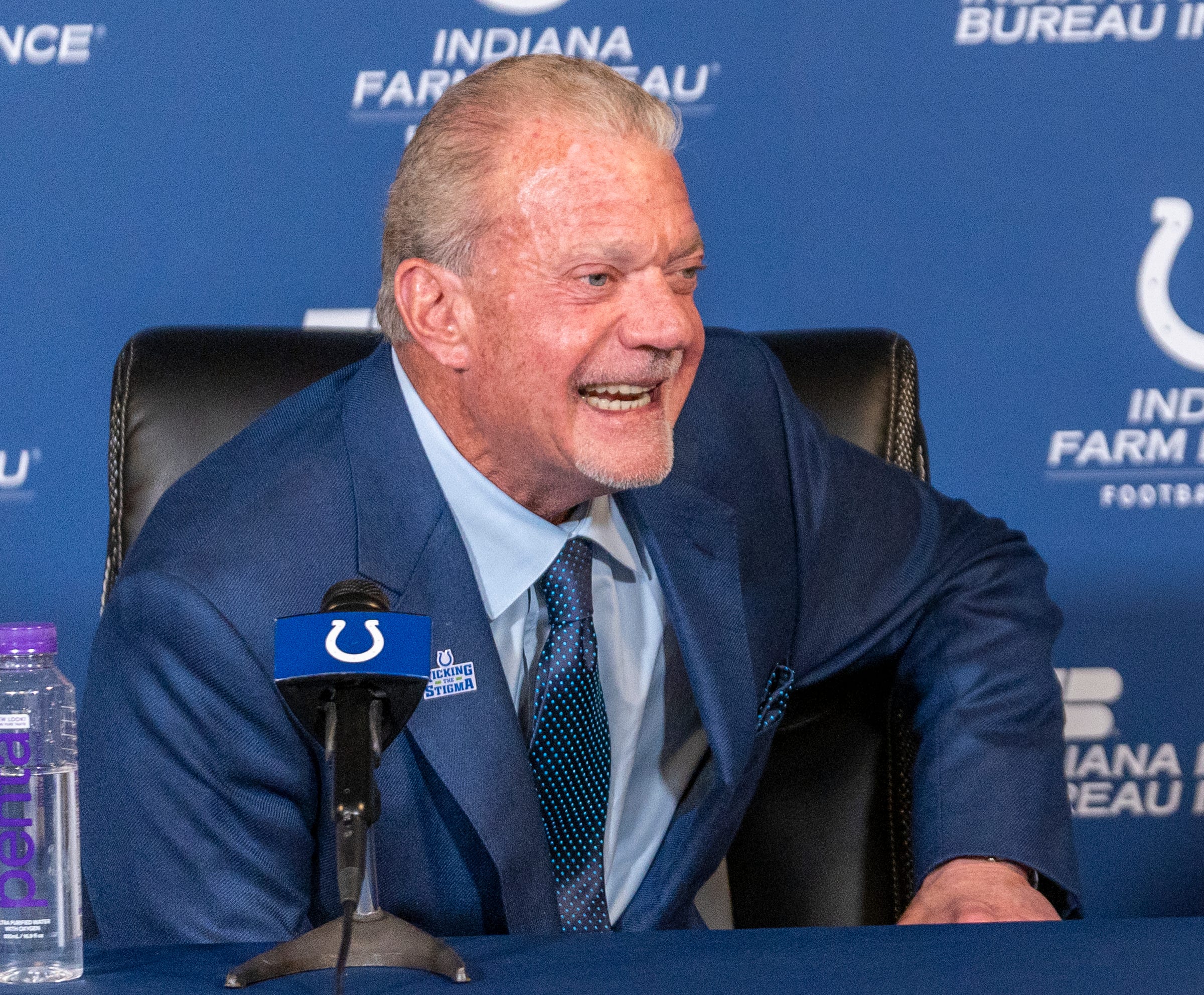Colts owner Jim Irsay smiles on Monday, Nov. 7, 2022, during a press conference at the Colts headquarters in Indianapolis.