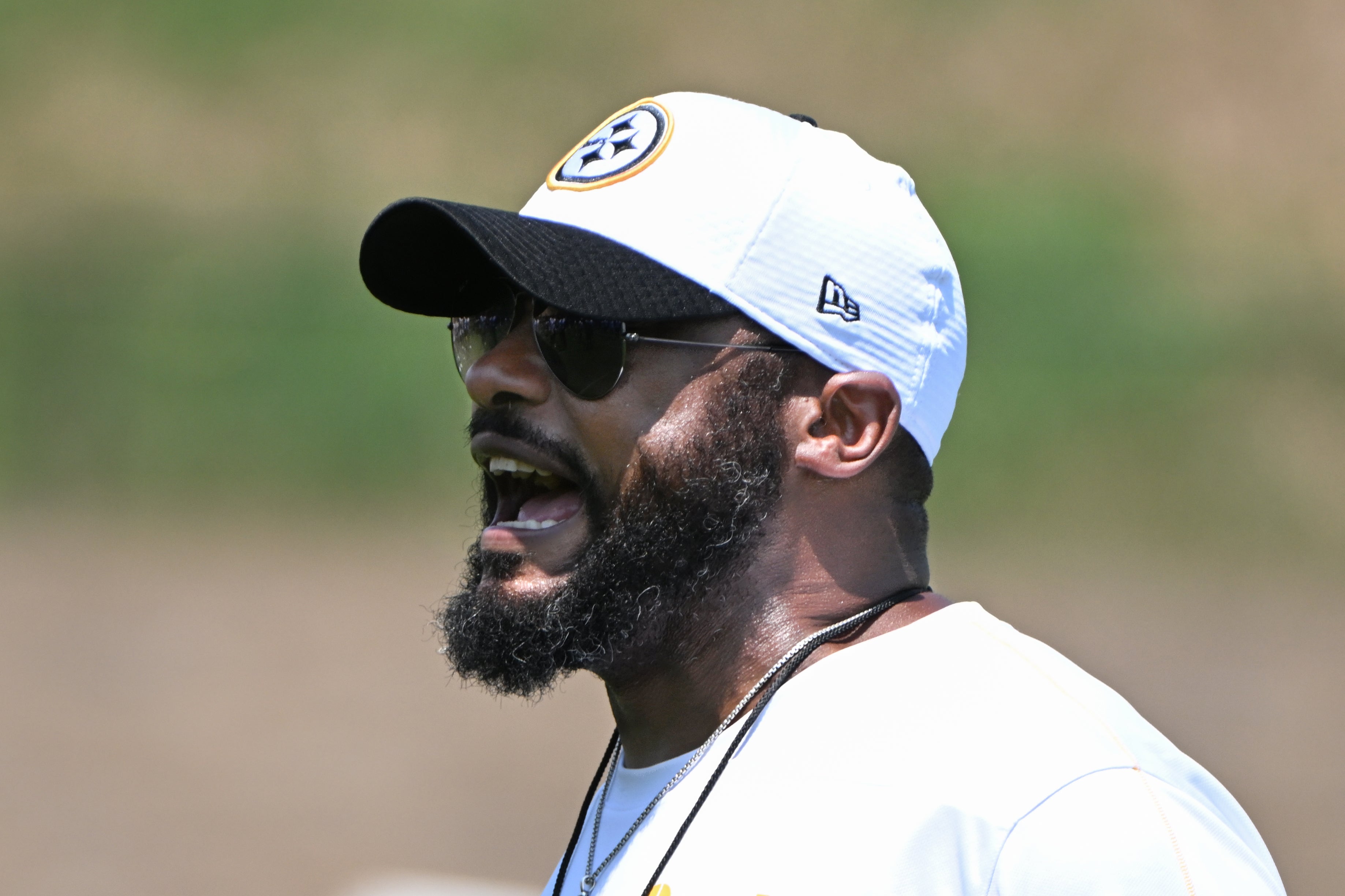 Jul 28, 2024; Latrobe, PA, USA; Pittsburgh Steelers head coach Mike Tomlin participates in drills during training camp at Saint Vincent College.