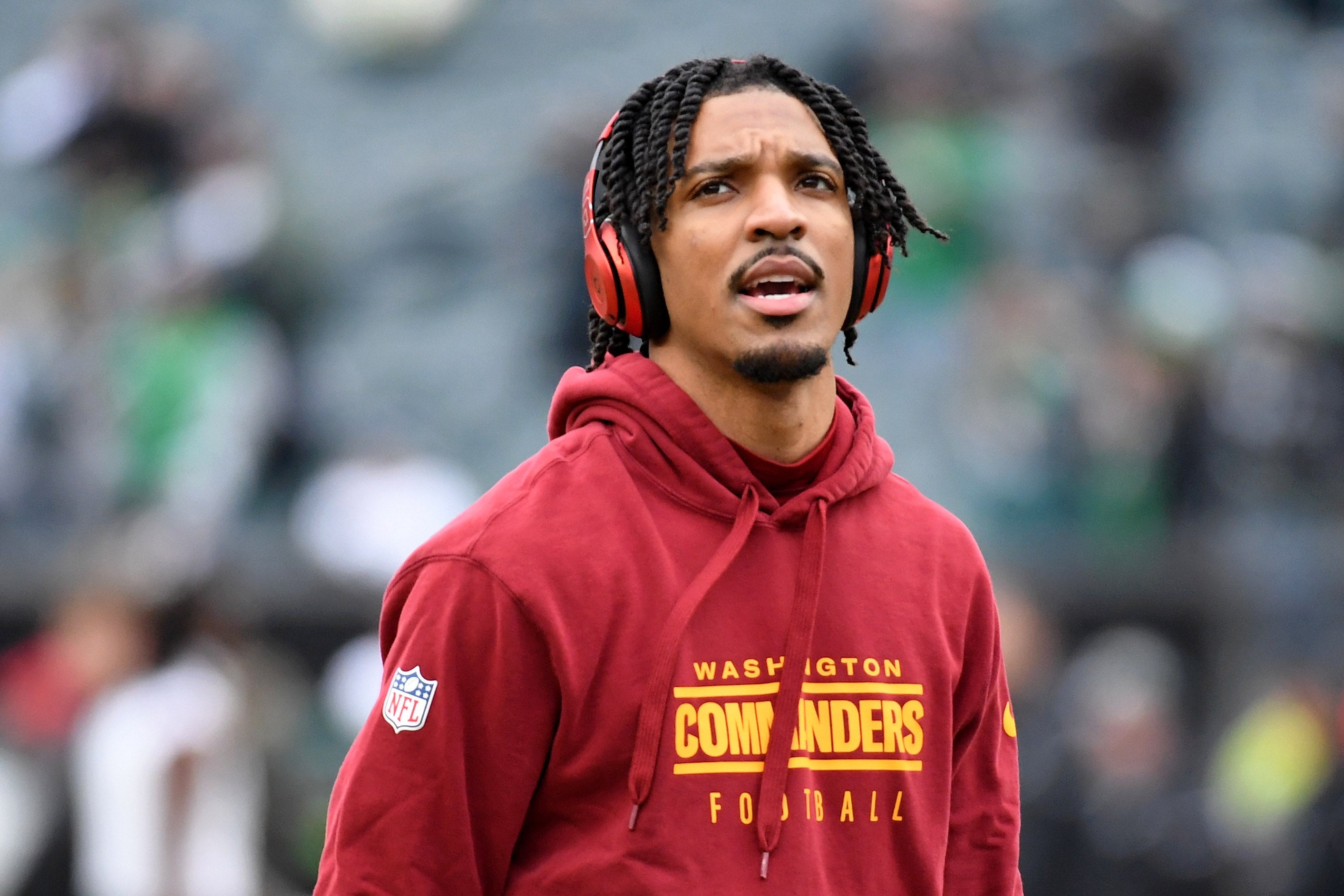 Jan 26, 2025; Philadelphia, PA, USA; Washington Commanders quarterback Jayden Daniels (5) looks on before the NFC Championship game at Lincoln Financial Field.