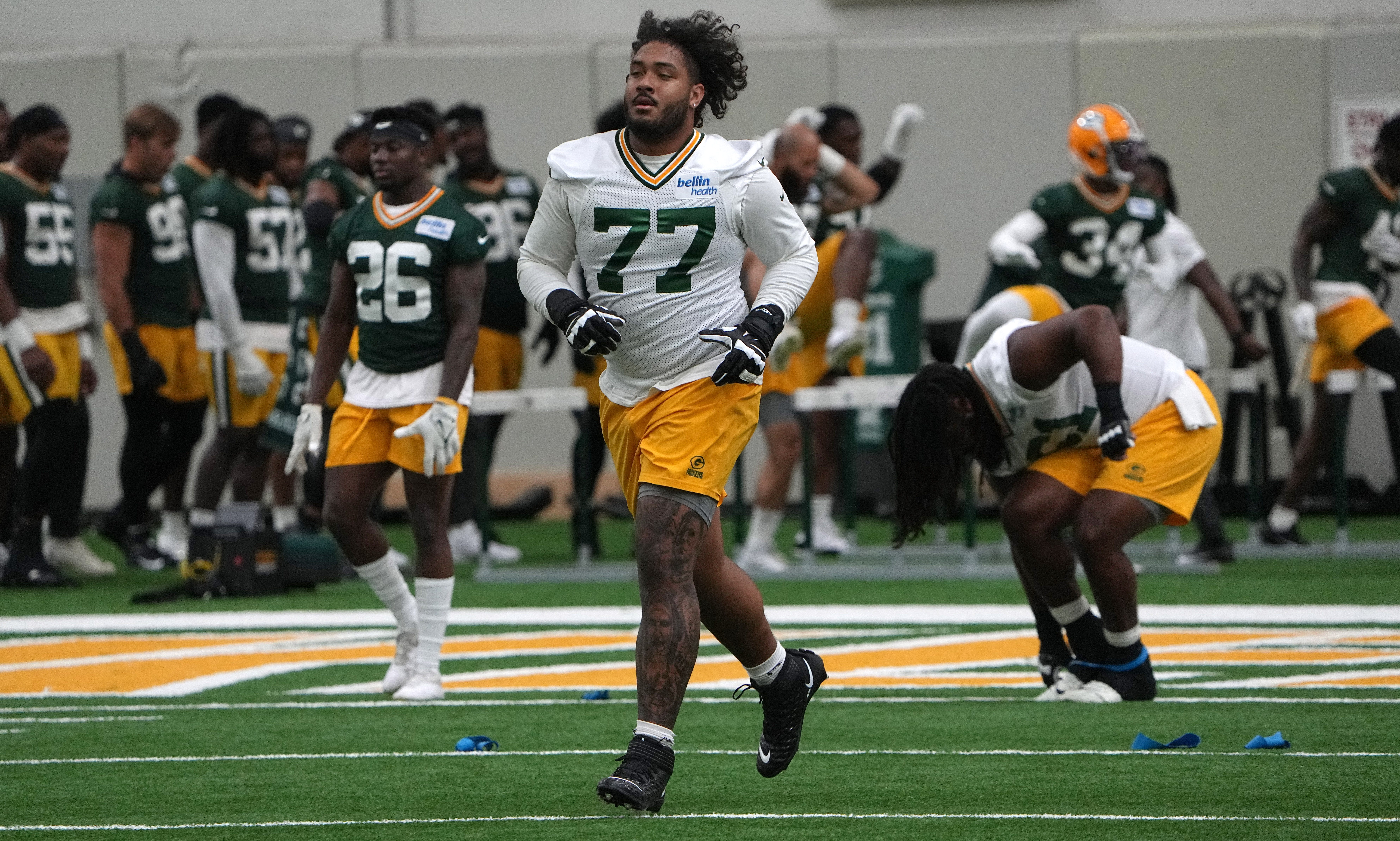 Green Bay Packers offensive tackle Jordan Morgan (77) is shown during the team’s mini camp Tuesday, June 11, 2024 in Green Bay, Wisconsin.