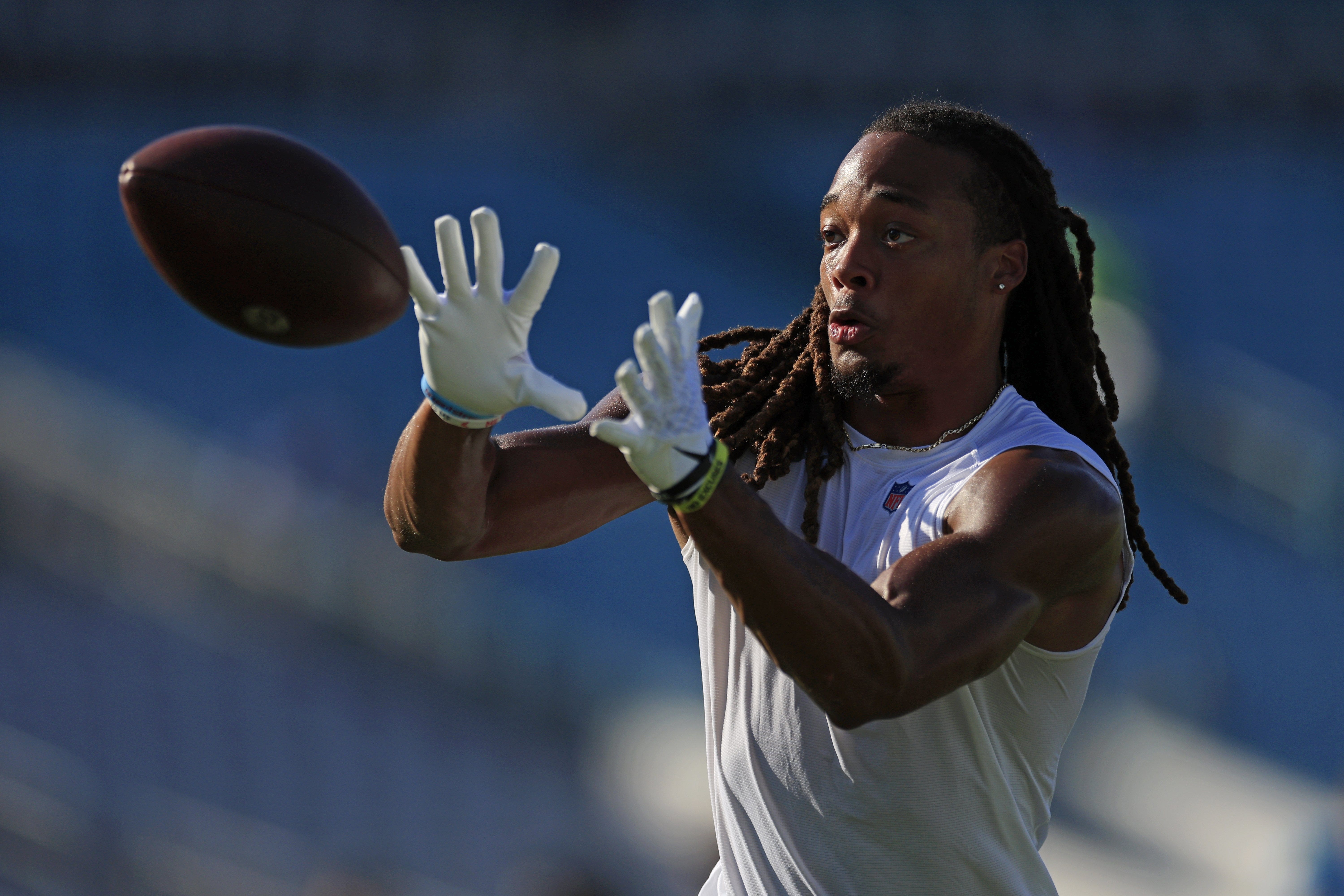Jacksonville Jaguars cornerback Gregory Junior (34) catches a pass before the game of a preseason matchup Saturday, Aug. 26, 2023 at EverBank Stadium in Jacksonville, Fla
