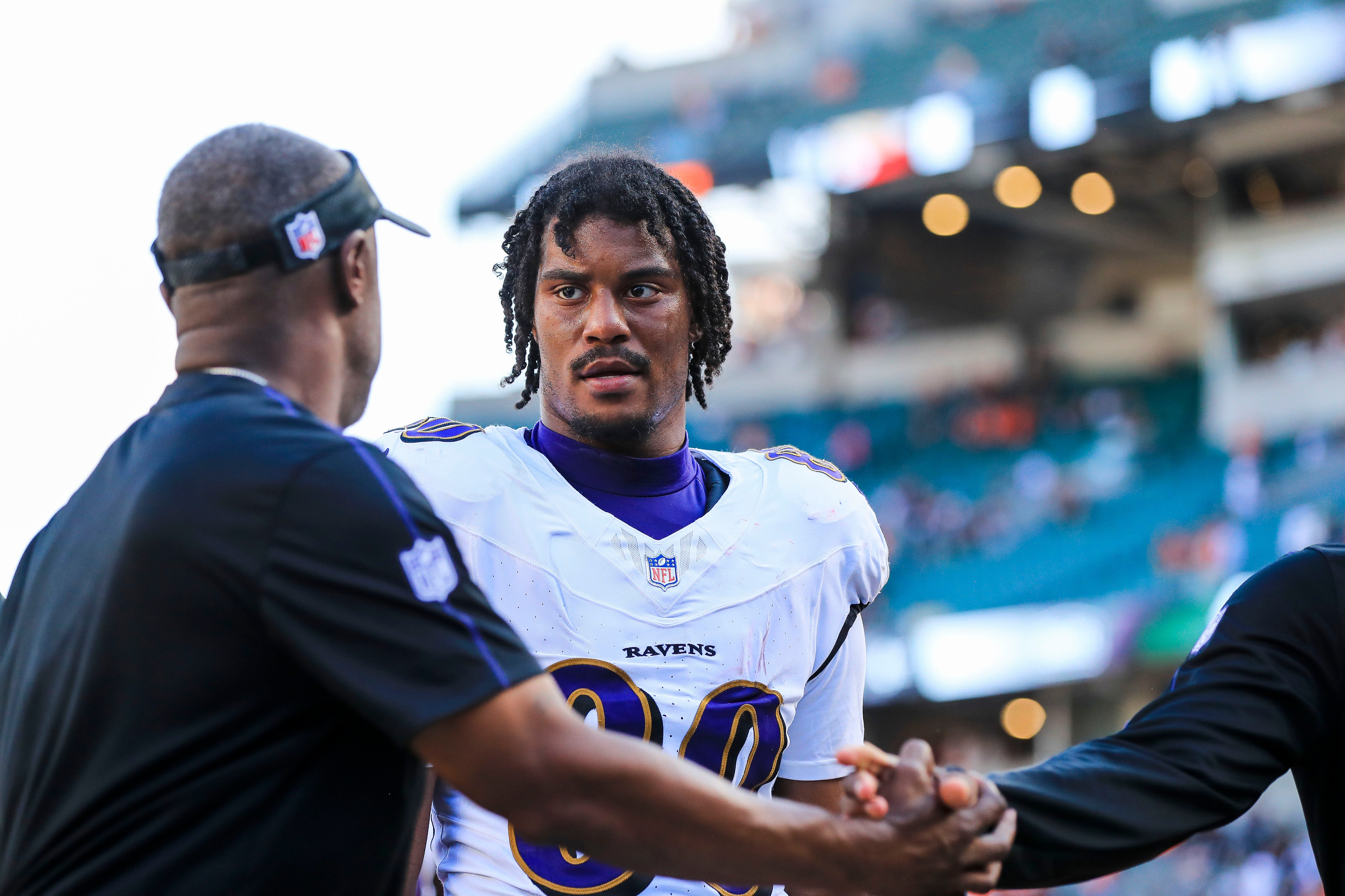 Oct 6, 2024; Cincinnati, Ohio, USA; Baltimore Ravens tight end Isaiah Likely (80) walks off the field after the victory over the Cincinnati Bengals at Paycor Stadium.