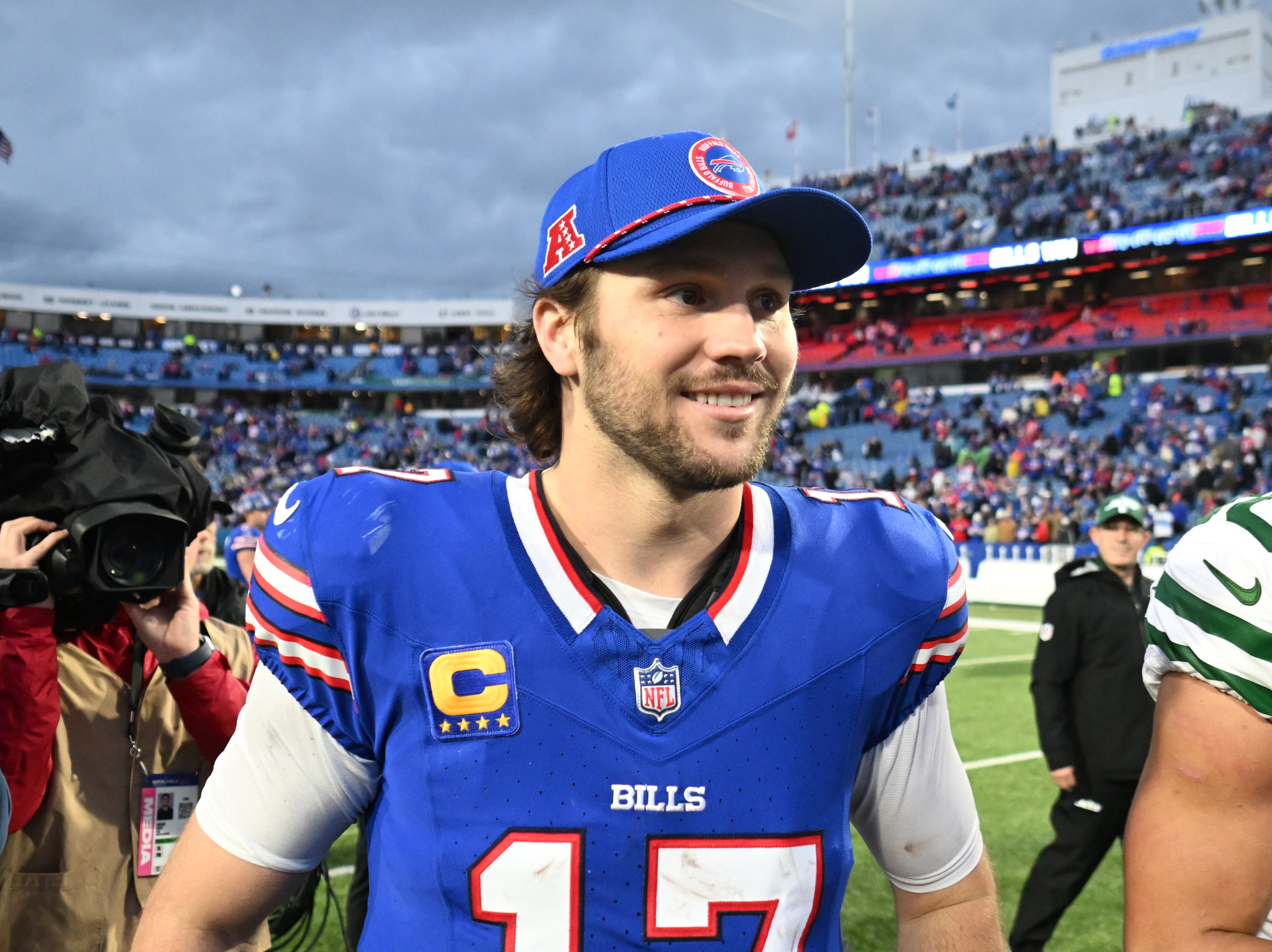 Dec 29, 2024; Orchard Park, New York, USA; Buffalo Bills quarterback Josh Allen (17) leaves the field after a game against the New York Jets at Highmark Stadium.