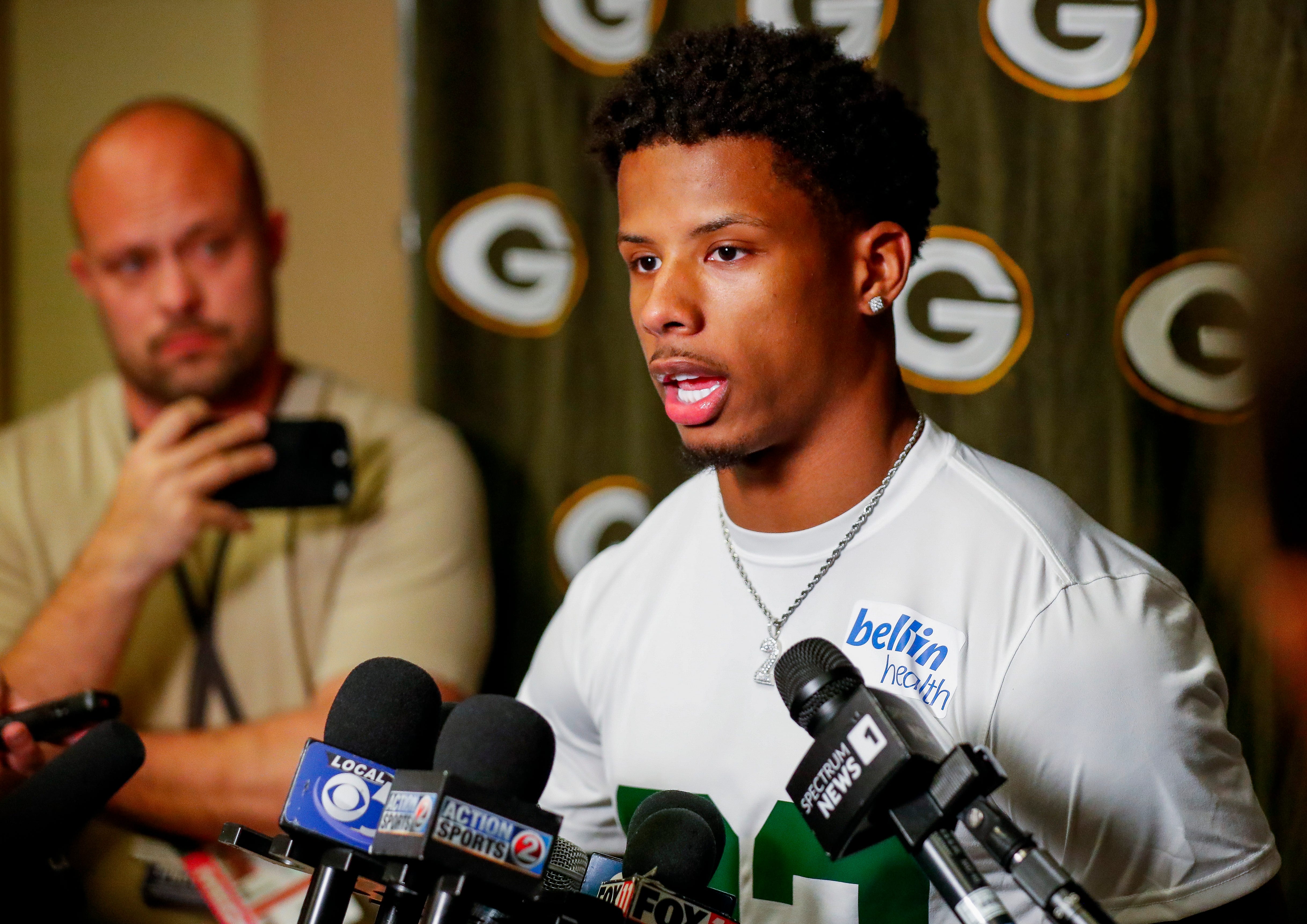Green Bay Packers wide receiver Matthew Golden is interviewed by the media during rookie minicamp on Friday, May 2, 2025, at Lambeau Field in Green Bay, Wisconsin. The Packers selected Golden with their first round pick in the 2025 NFL Draft. 