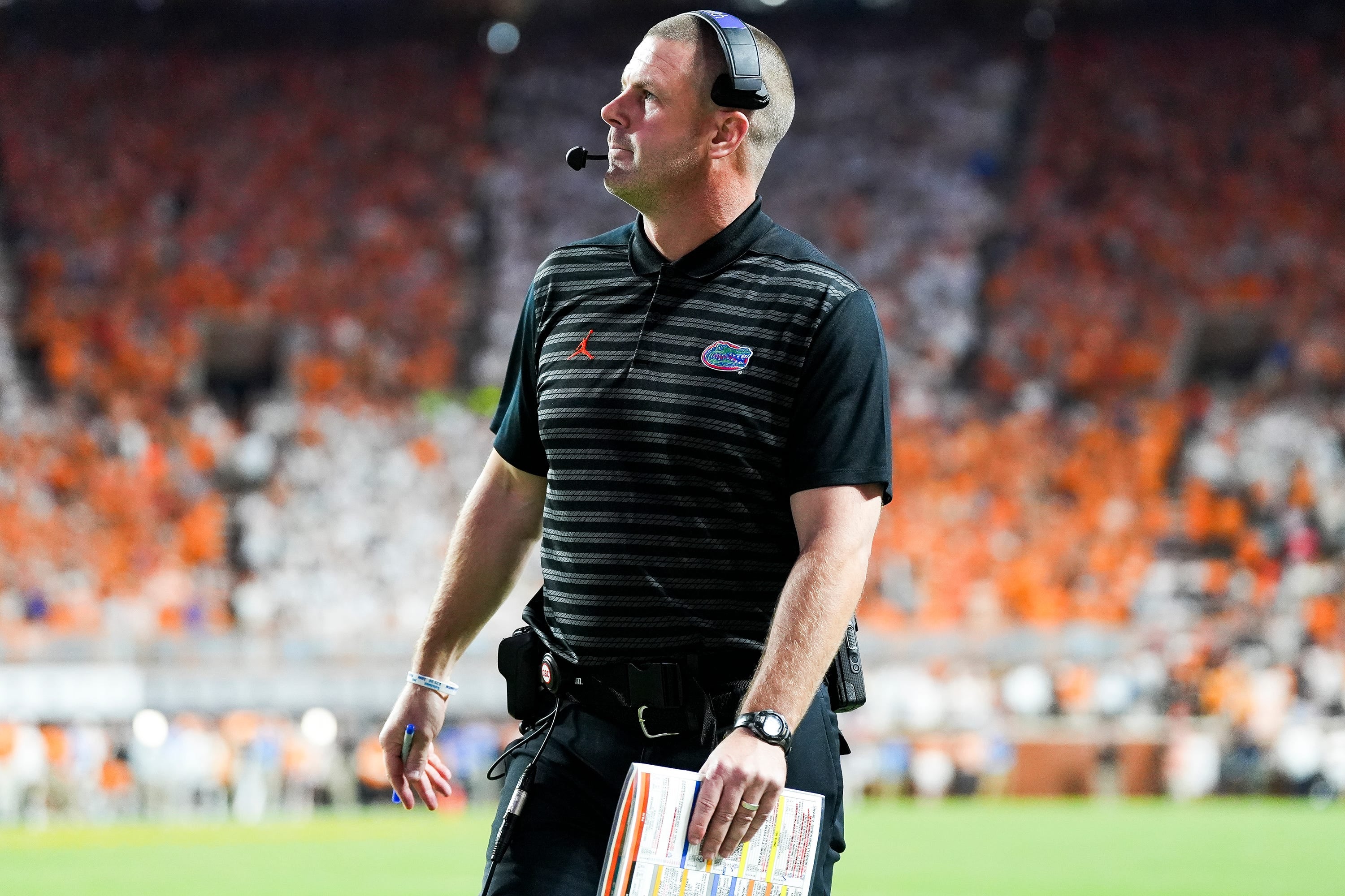 Oct 12, 2024; Knoxville, Tennessee, USA; Florida Gators head coach Billy Napier reacts during a game against the Tennessee Volunteers at Neyland Stadium.