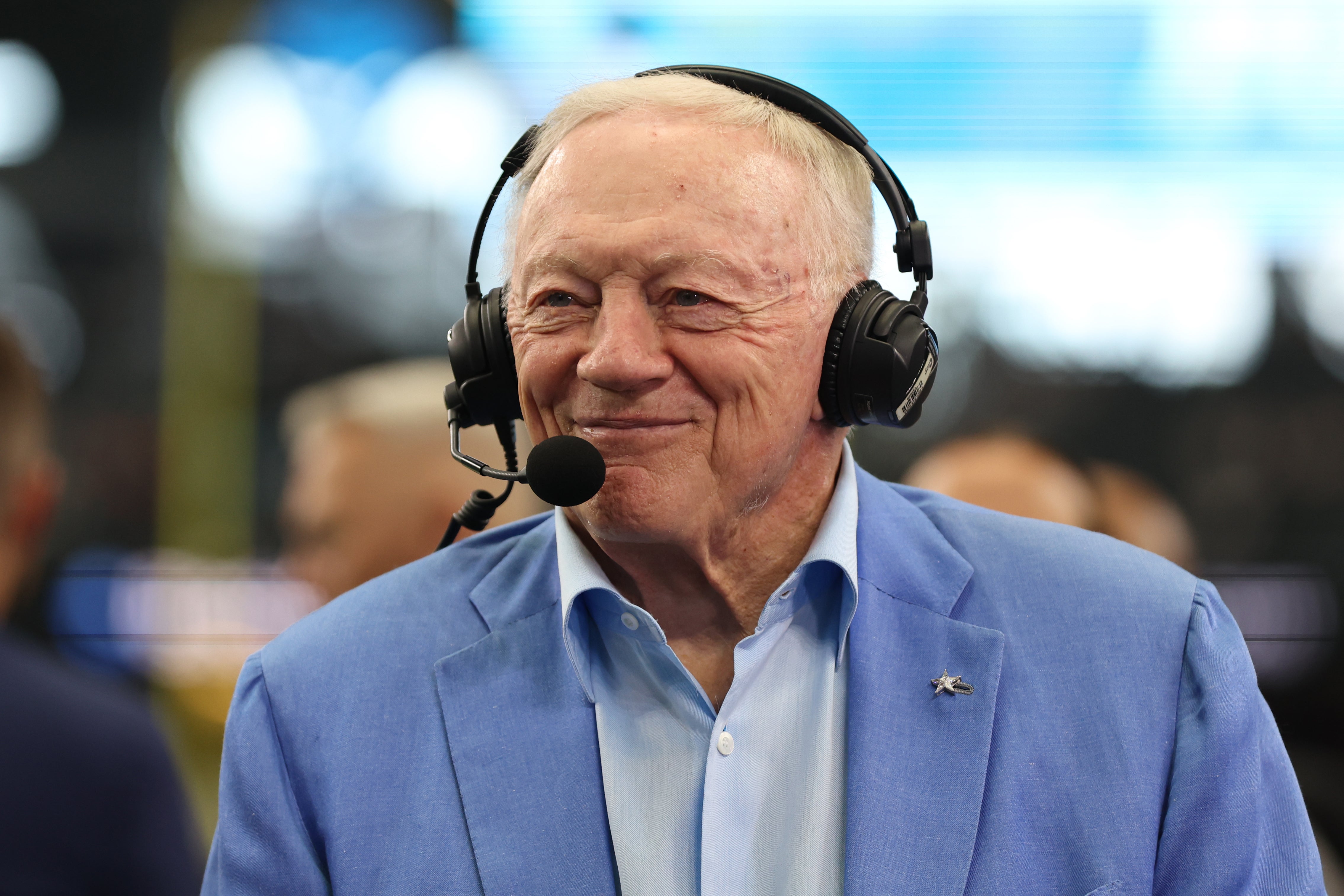 Cowboys owner Jerry Jones talks to the media before the game against the Los Angeles Chargers at AT&T Stadium.