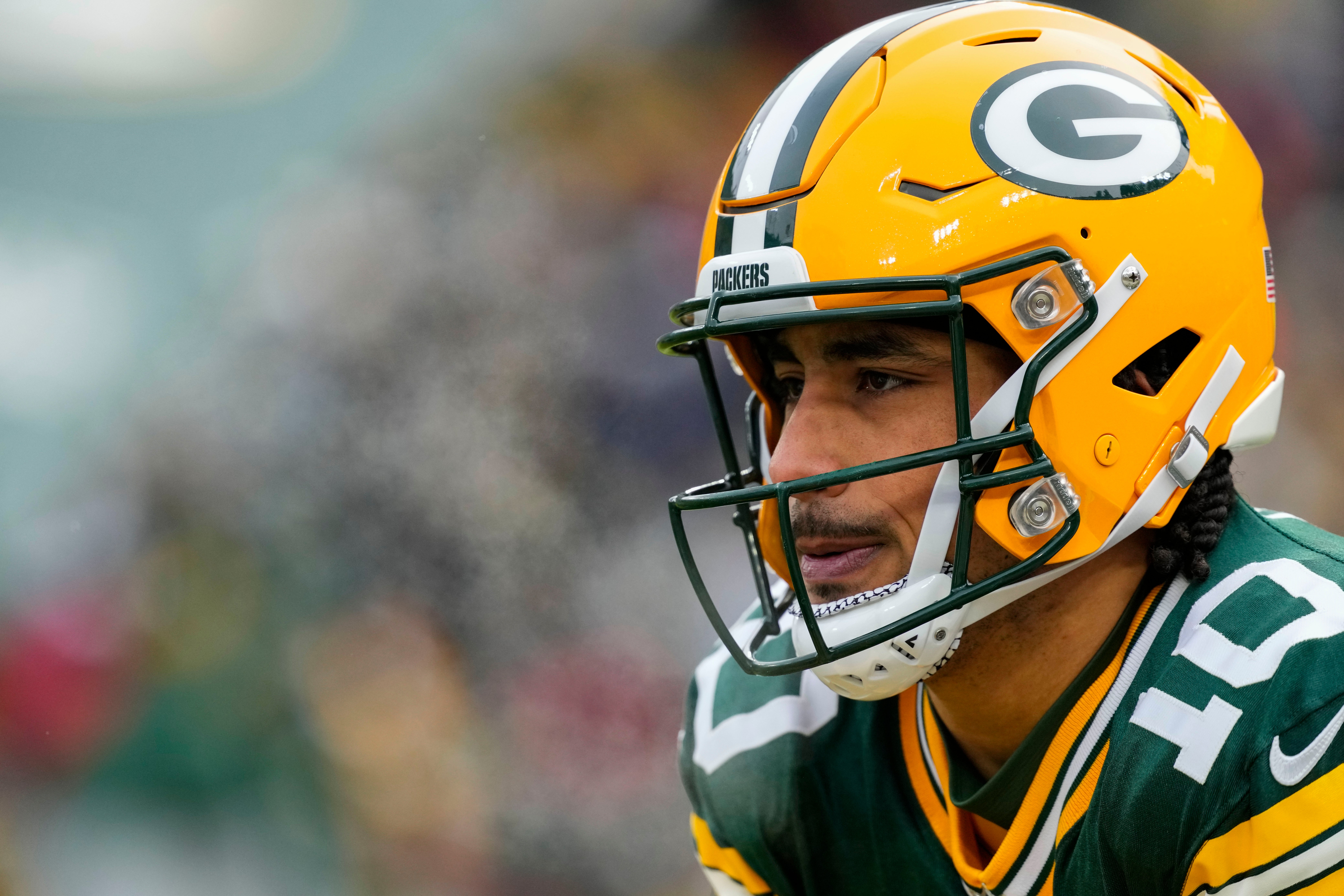 Green Bay Packers quarterback Jordan Love (10) during warmups prior to the game against the Chicago Bears at Lambeau Field.
