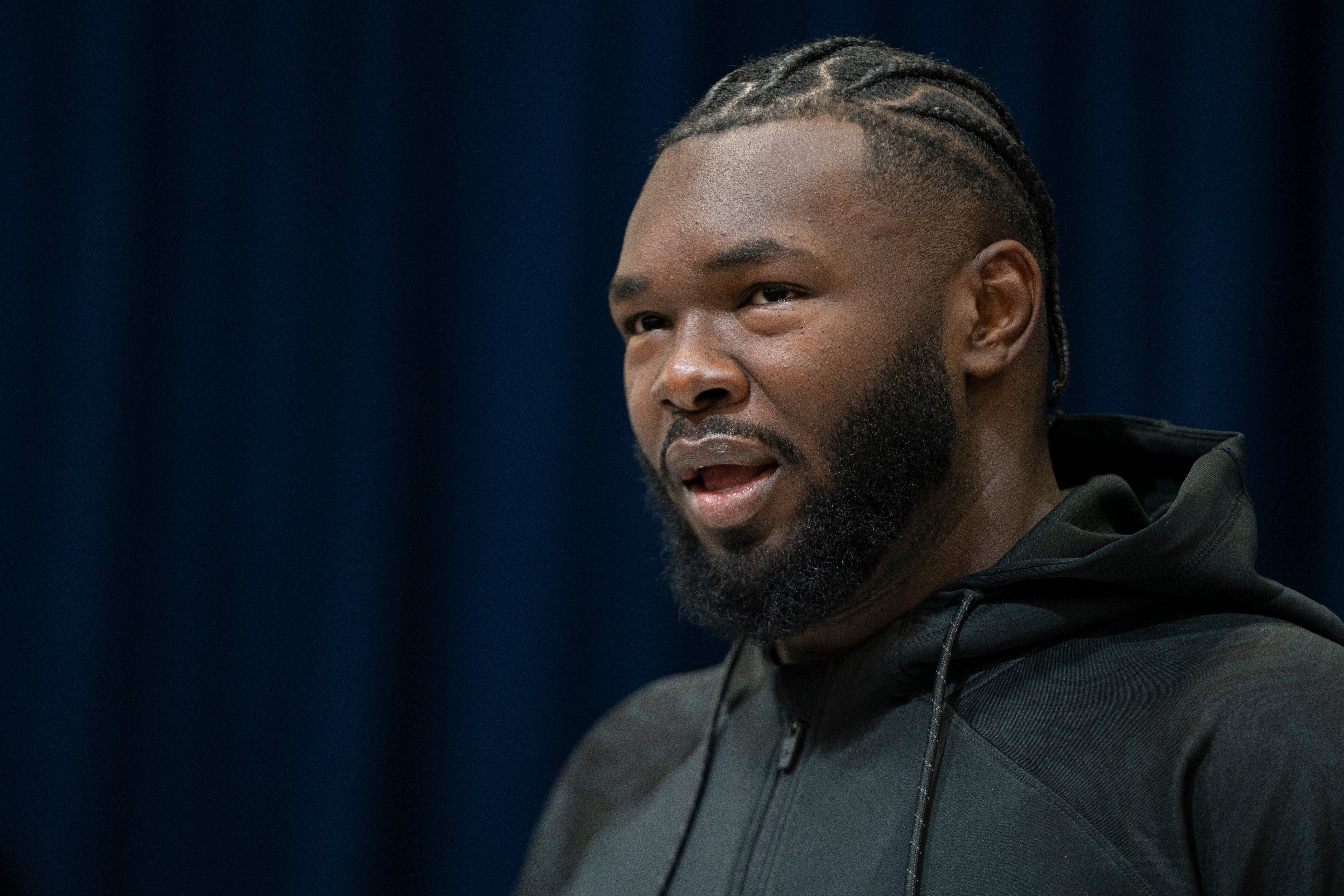 Mar 1, 2025; Indianapolis, IN, USA; University of Miami offensive lineman Jalen Rivers (OL34) answers questions at a press conference during the 2025 NFL Combine at Indiana Convention Center.