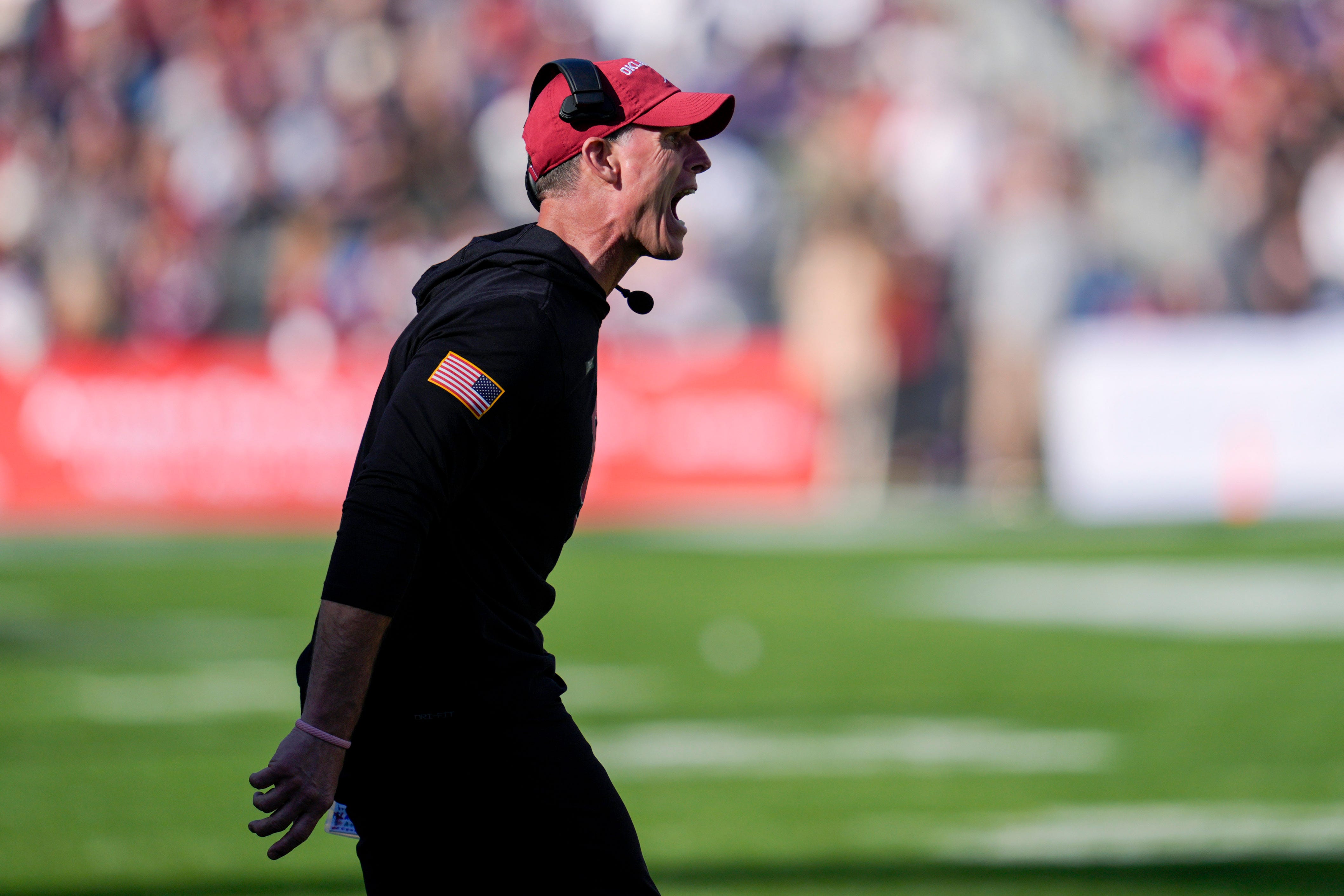 Oklahoma coach Brent Venables shouts during the Armed Forces Bowl football game between the University of Oklahoma Sooners (OU) and the Navy Midshipmen at Amon G. Carter Stadium in Fort Worth, Texas, Friday, Dec. 27, 2024. Navy won 21-20.