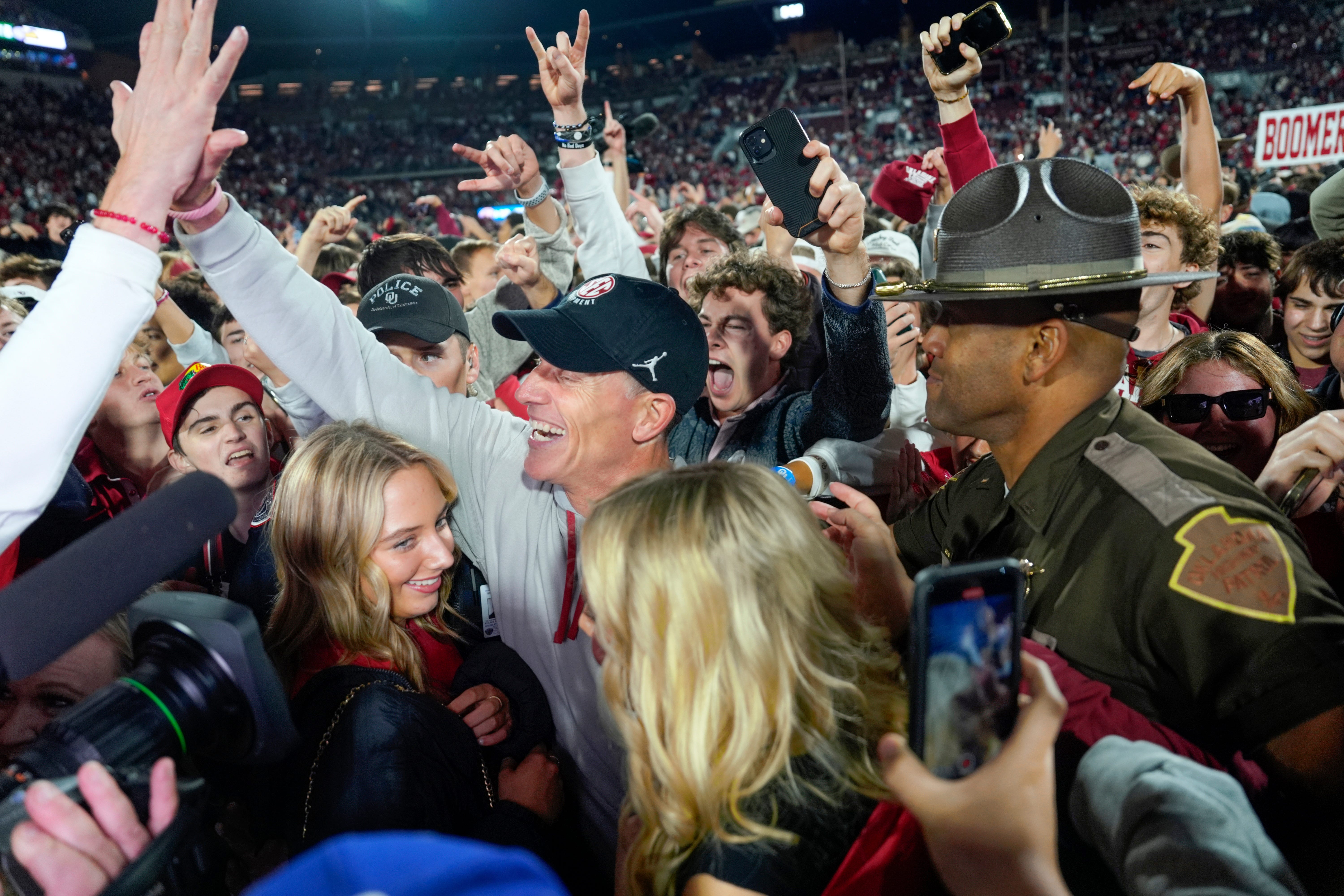 Oklahoma coach Brent Venables celebrates with fans after a college football game between the University of Oklahoma Sooners (OU) and the Alabama Crimson Tide at Gaylord Family - Oklahoma Memorial Stadium in Norman, Okla., Saturday, Nov. 23, 2024. Oklahoma won 24-3.
