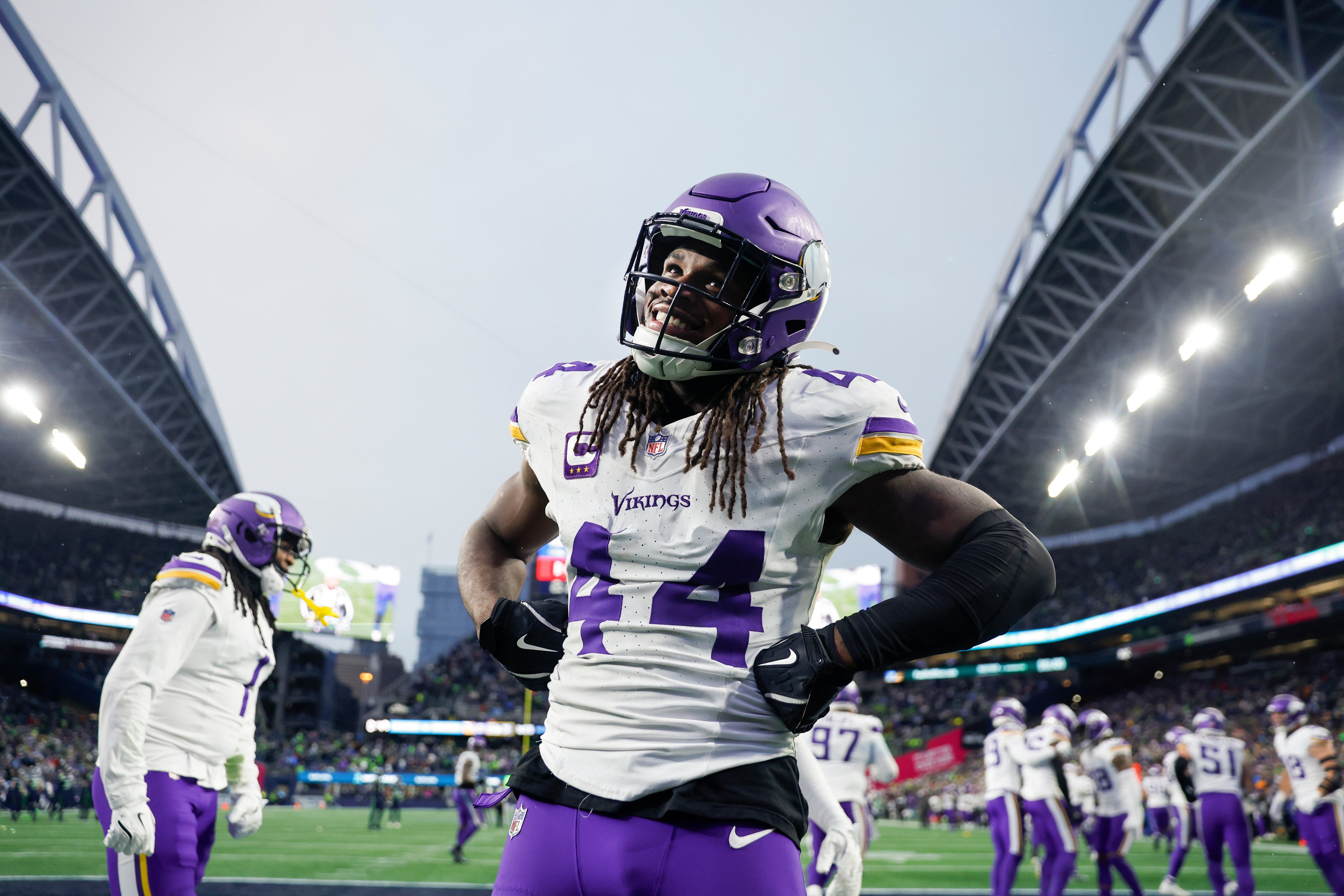 Dec 22, 2024; Seattle, Washington, USA; Minnesota Vikings safety Josh Metellus (44) poses for a photo following a Seattle Seahawks turnover during the fourth quarter at Lumen Field.