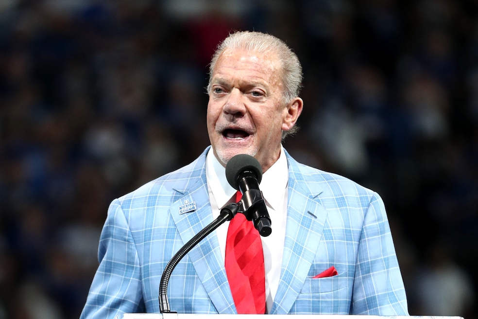 Jim Irsay speaks as Peyton Manning and Edgerrin James receive their Hall of Fame rings in 2021.