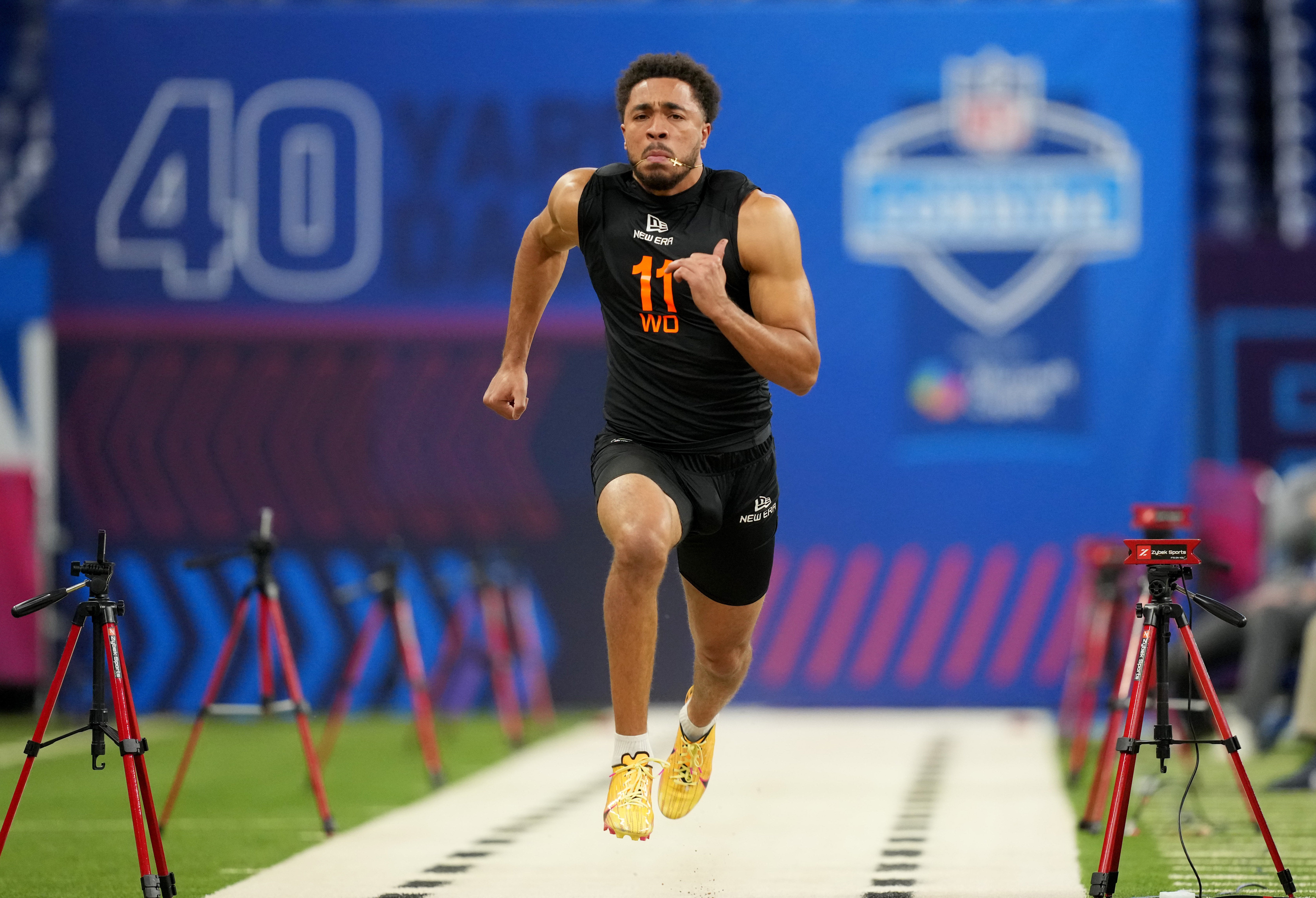 Mar 1, 2025; Indianapolis, IN, USA; Florida wideout Chimere Dike (WO11) during the 2025 NFL Combine at Lucas Oil Stadium. Mandatory Credit: Kirby Lee-Imagn Images