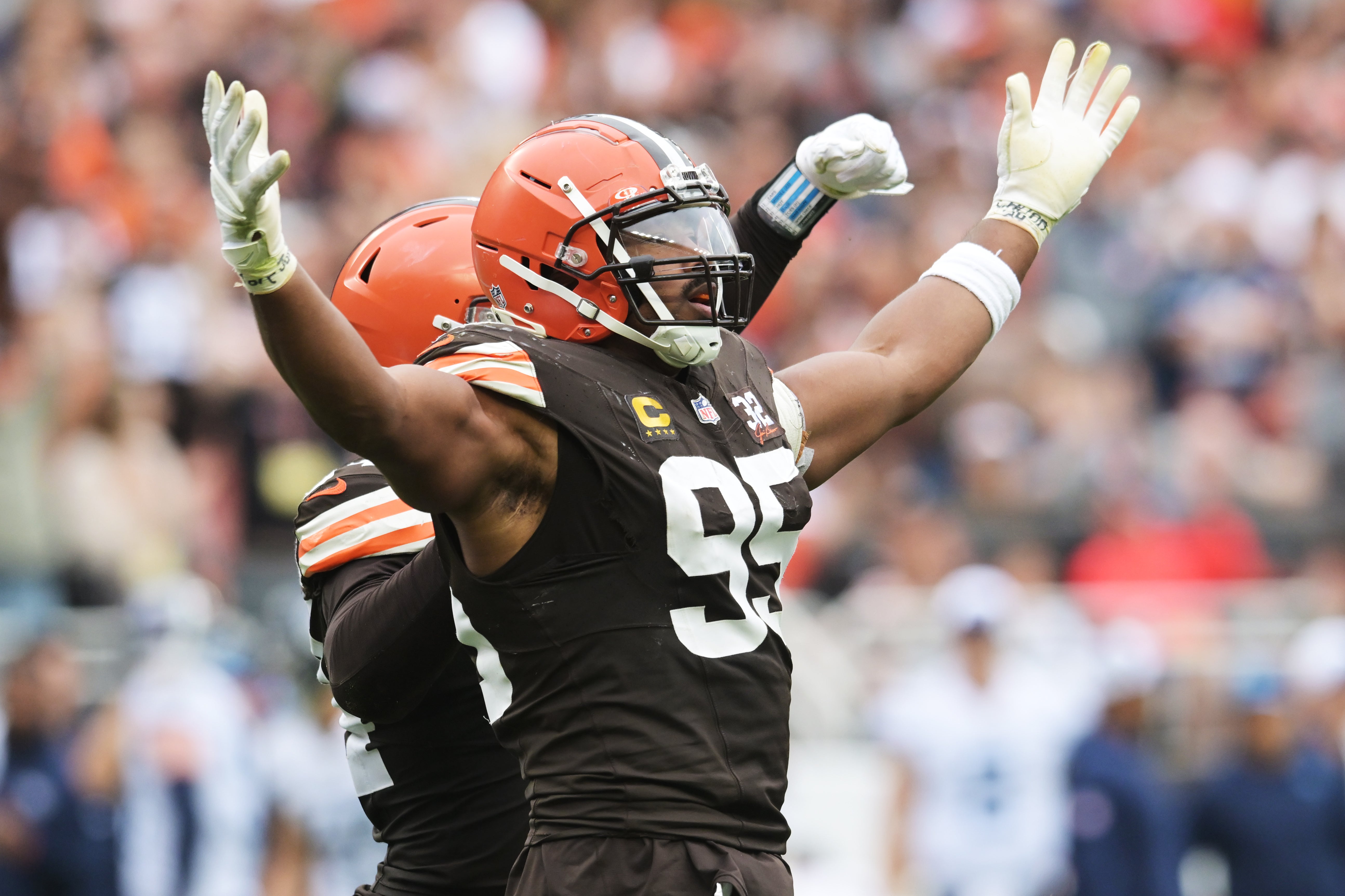 Sep 24, 2023; Cleveland, Ohio, USA; Cleveland Browns defensive end Myles Garrett (95) celebrates after sacking Tennessee Titans quarterback Ryan Tannehill (not pictured) during the second half at Cleveland Browns Stadium. Mandatory Credit: Ken Blaze-Imagn Images