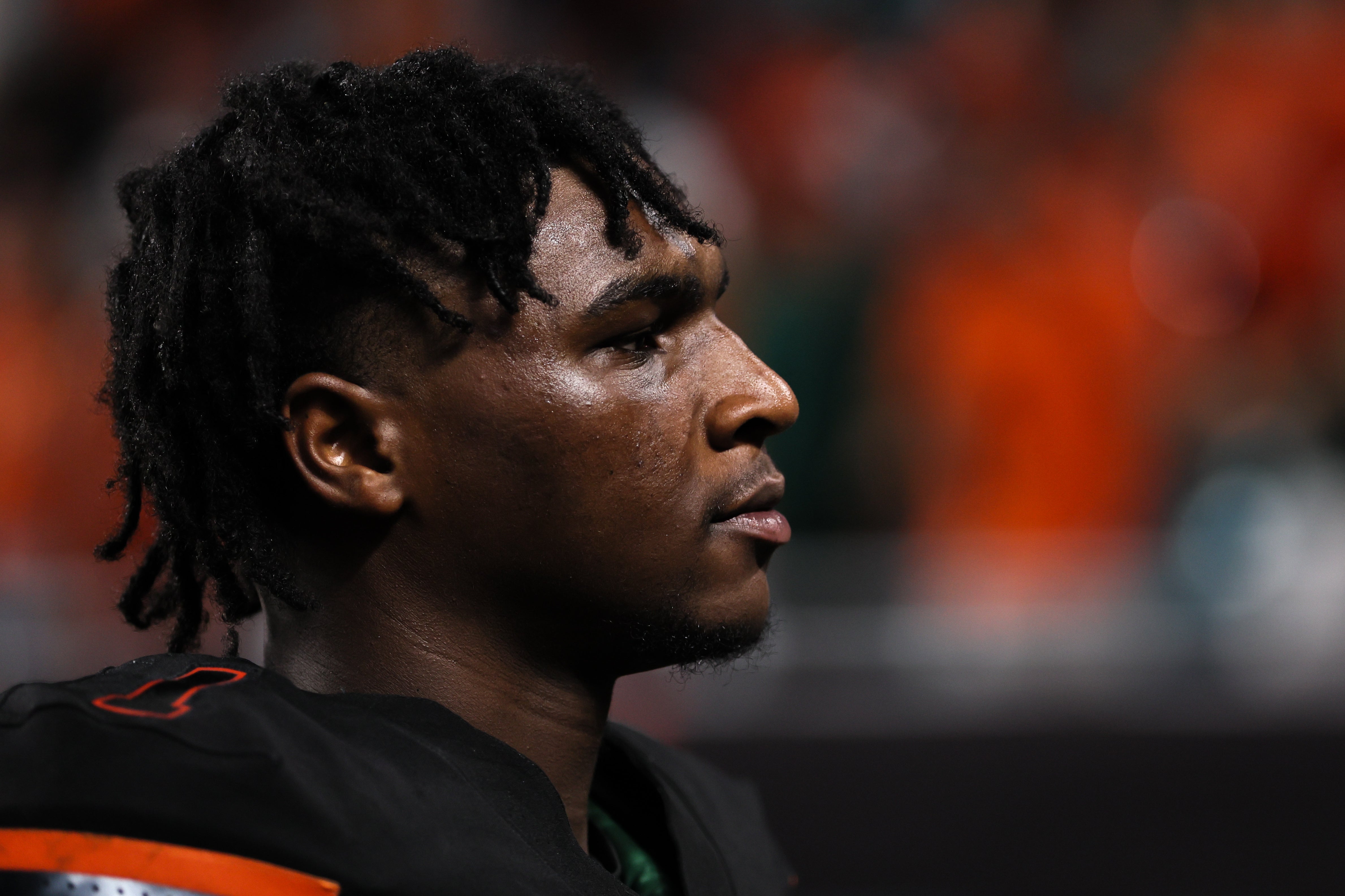 Oct 26, 2024; Miami Gardens, Florida, USA; Miami Hurricanes quarterback Cam Ward (1) looks on after the game against the Florida State Seminoles at Hard Rock Stadium. Mandatory Credit: Sam Navarro-Imagn Images