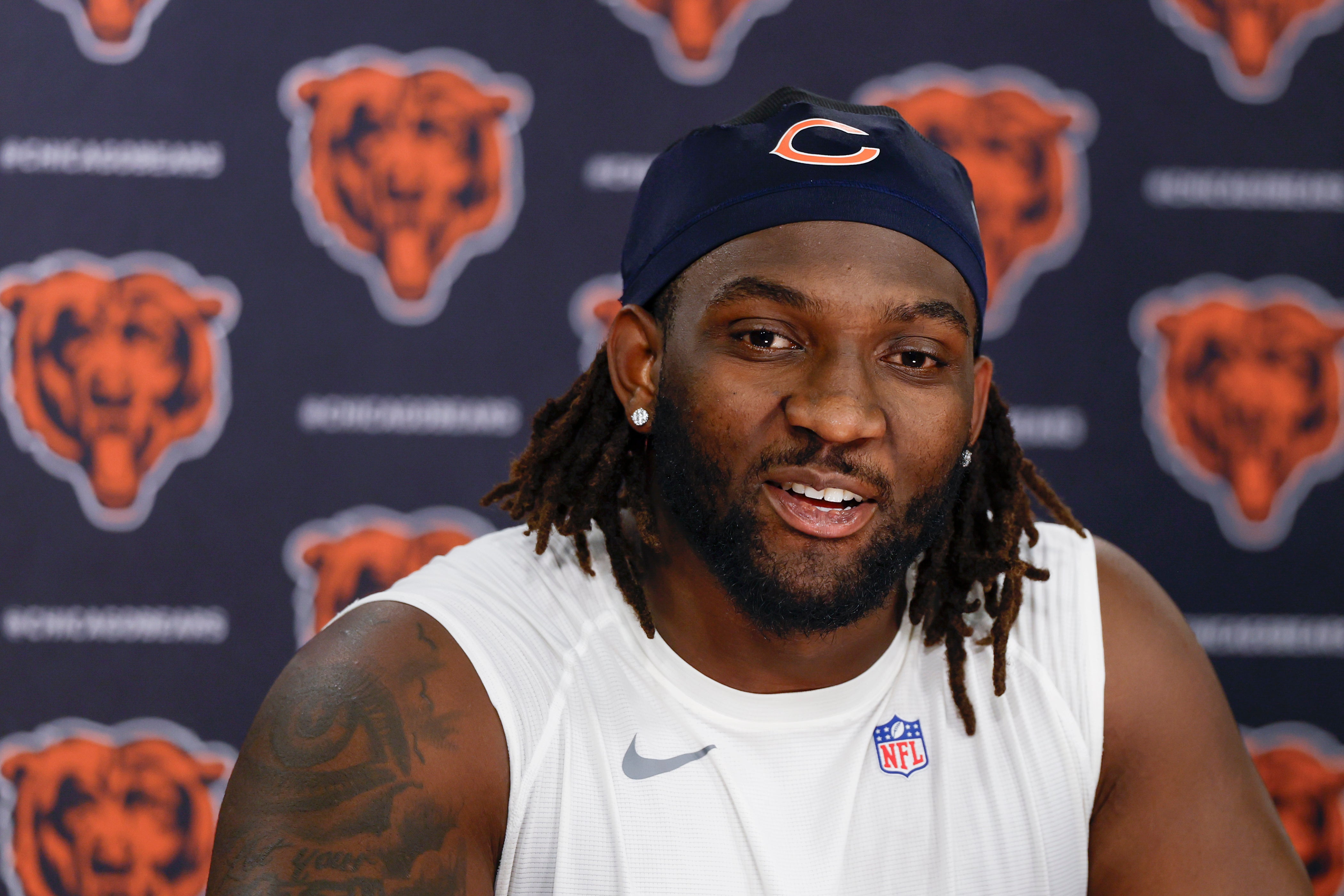 May 9, 2025; Lake Forest, IL, USA; Chicago Bears defensive line Shemar Turner speaks during the Rookie Minicamp at Halas Hall.
