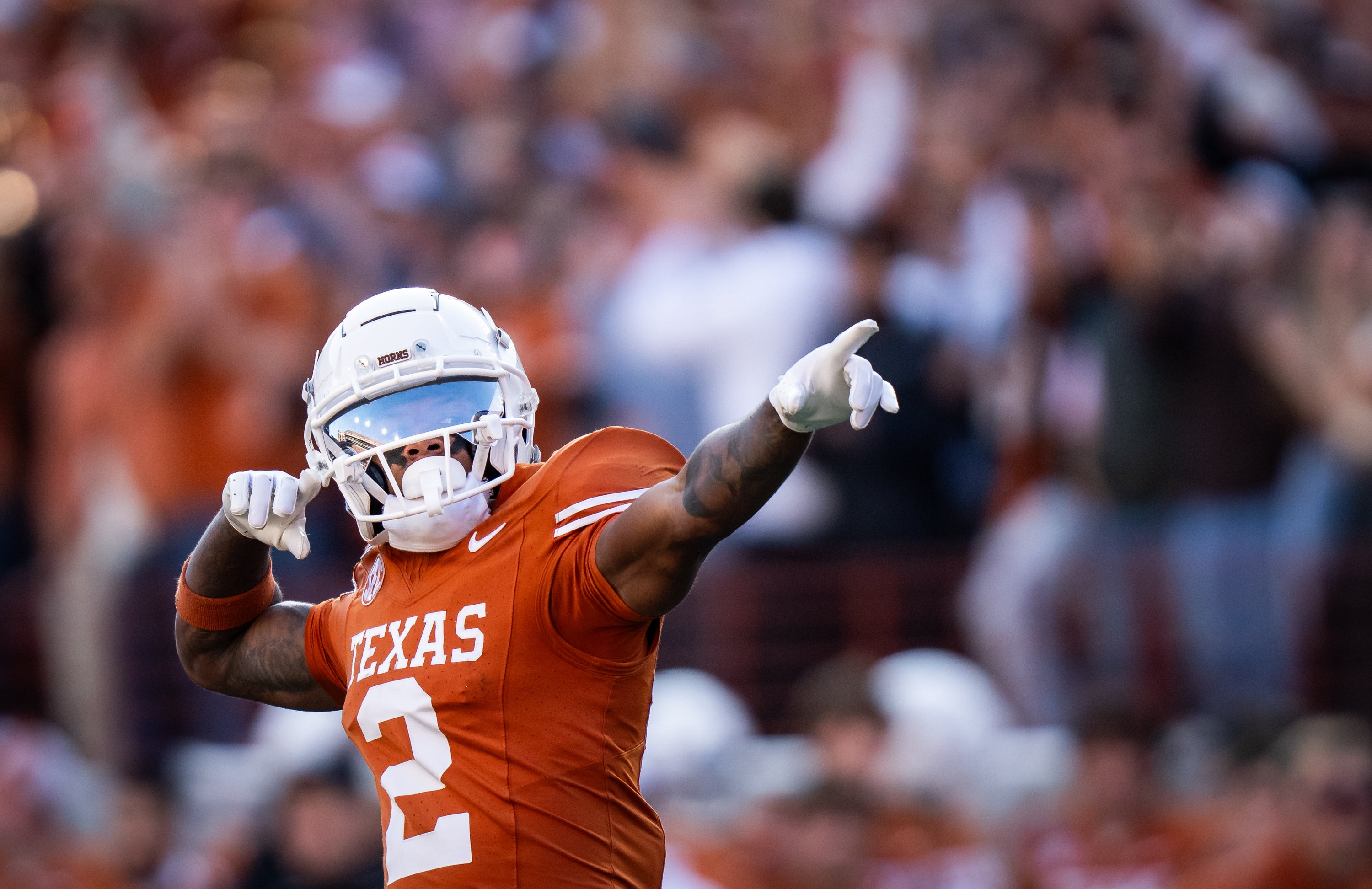 Texas Longhorns wide receiver Matthew Golden (2) celebrates a catch in the second quarter aagainst the Clemson Tigers in the first round of the College Football Playoffsat Darrell K Royal Texas Memorial Stadium.