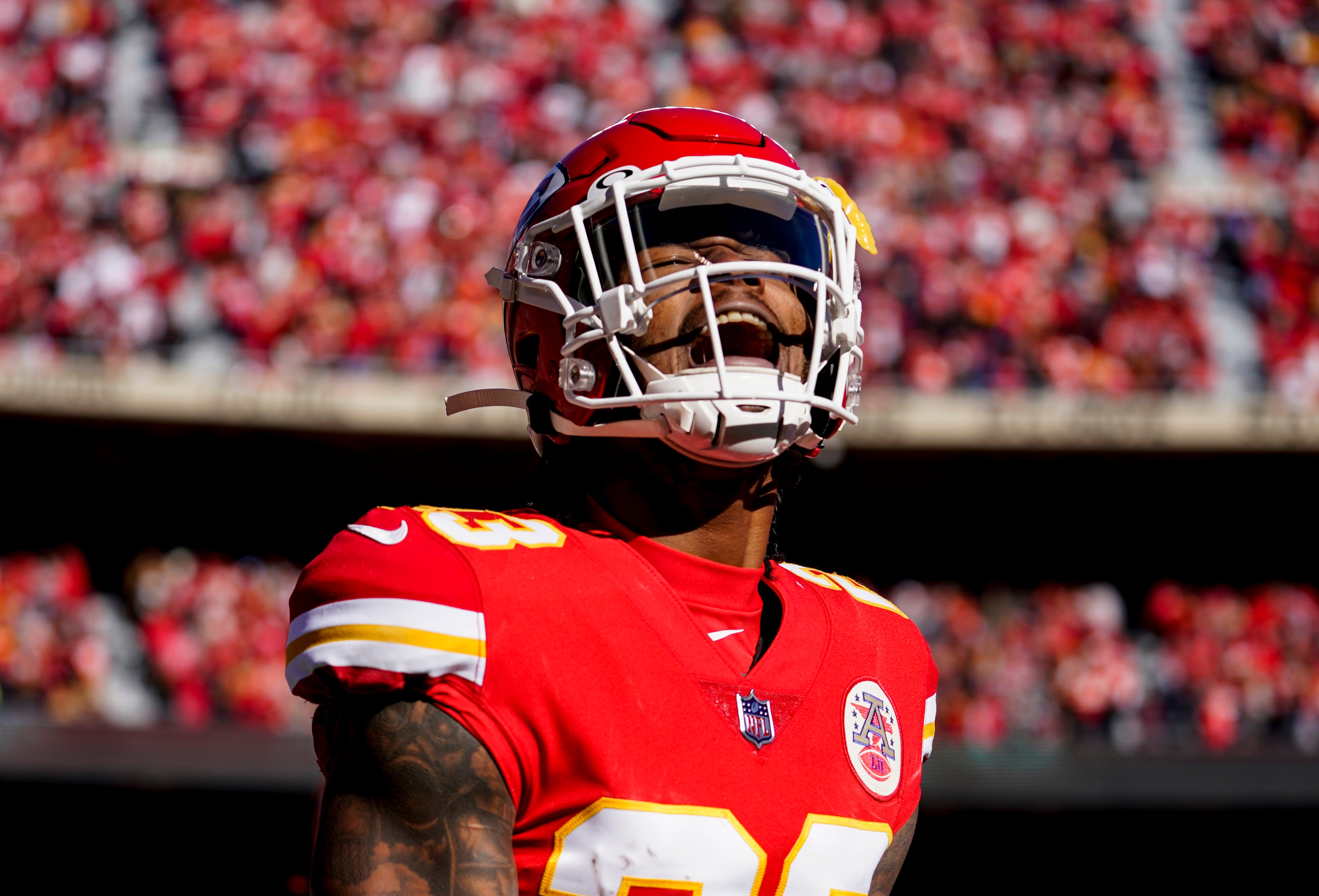 Dec 12, 2021; Kansas City, Missouri, USA; Kansas City Chiefs defensive back Armani Watts (23) celebrates after a play against the Las Vegas Raiders during the first quarter at GEHA Field at Arrowhead Stadium.