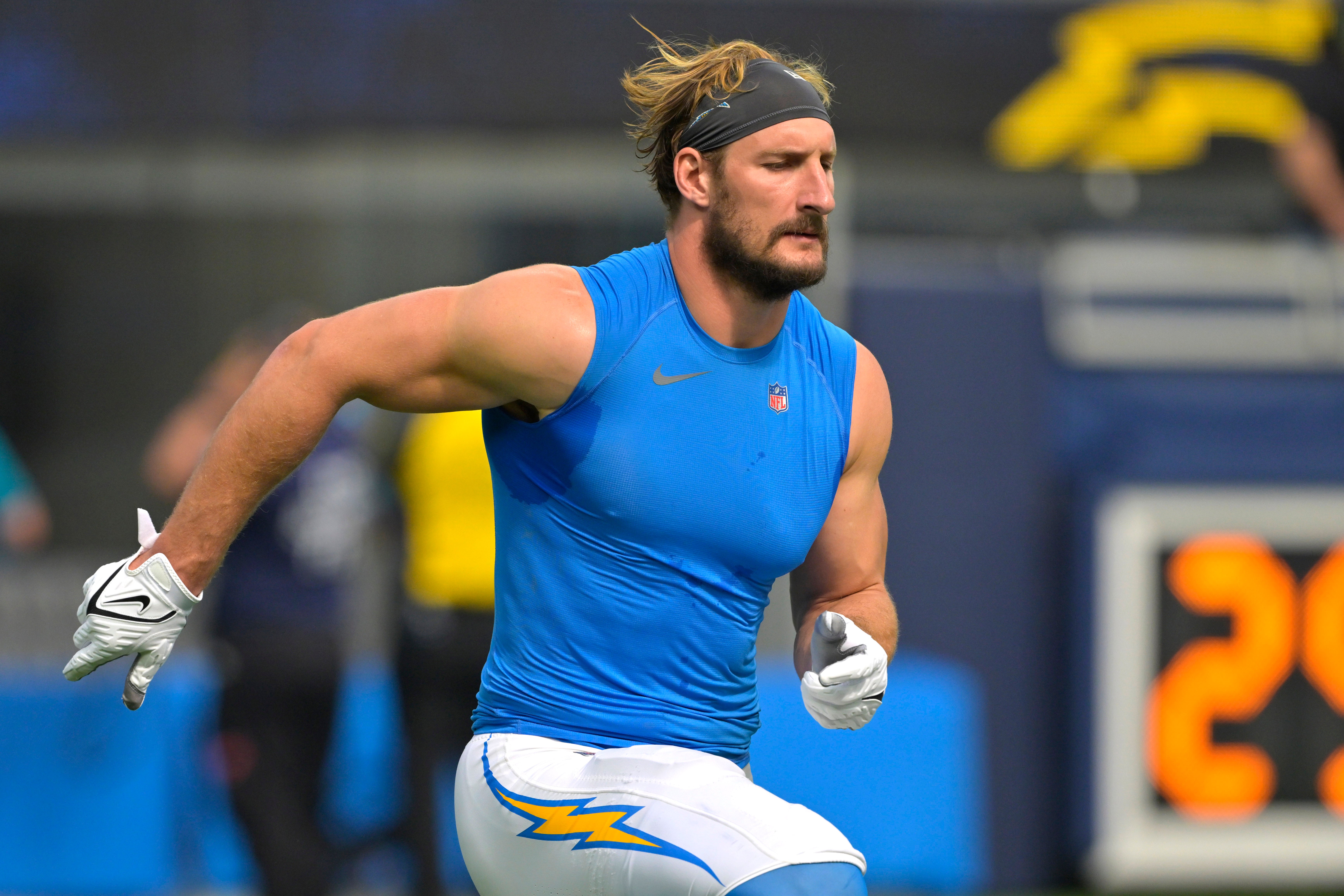 Oct 27, 2024; Inglewood, California, USA; Los Angeles Chargers linebacker Joey Bosa (97) warms up prior to the game against the New Orleans Saints at SoFi Stadium.