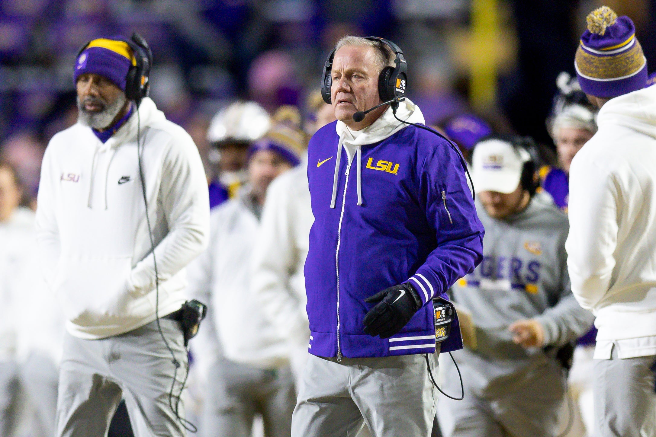 Nov 30, 2024; Baton Rouge, Louisiana, USA; LSU Tigers head coach Brian Kelly looks on against the Oklahoma Sooners during the fourth quarter at Tiger Stadium.