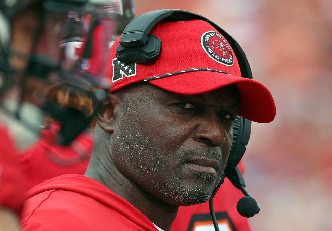 Dec 29, 2024; Tampa, Florida, USA; Tampa Bay Buccaneers head coach Todd Bowles against the Carolina Panthers during the second quarter at Raymond James Stadium.