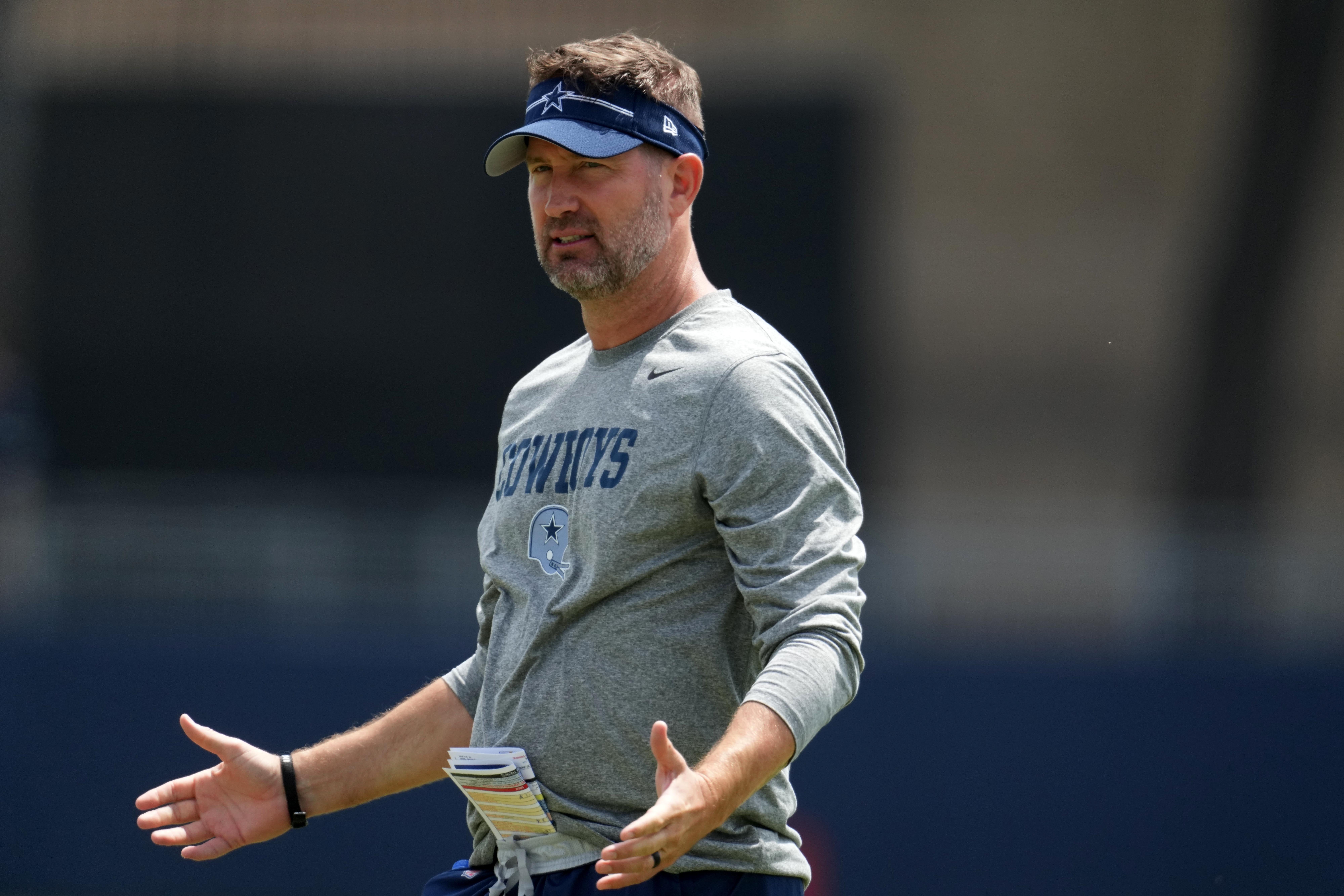 Dallas Cowboys offensive coordinator Brian Schottenheimer during training camp at the River Ridge Fields.