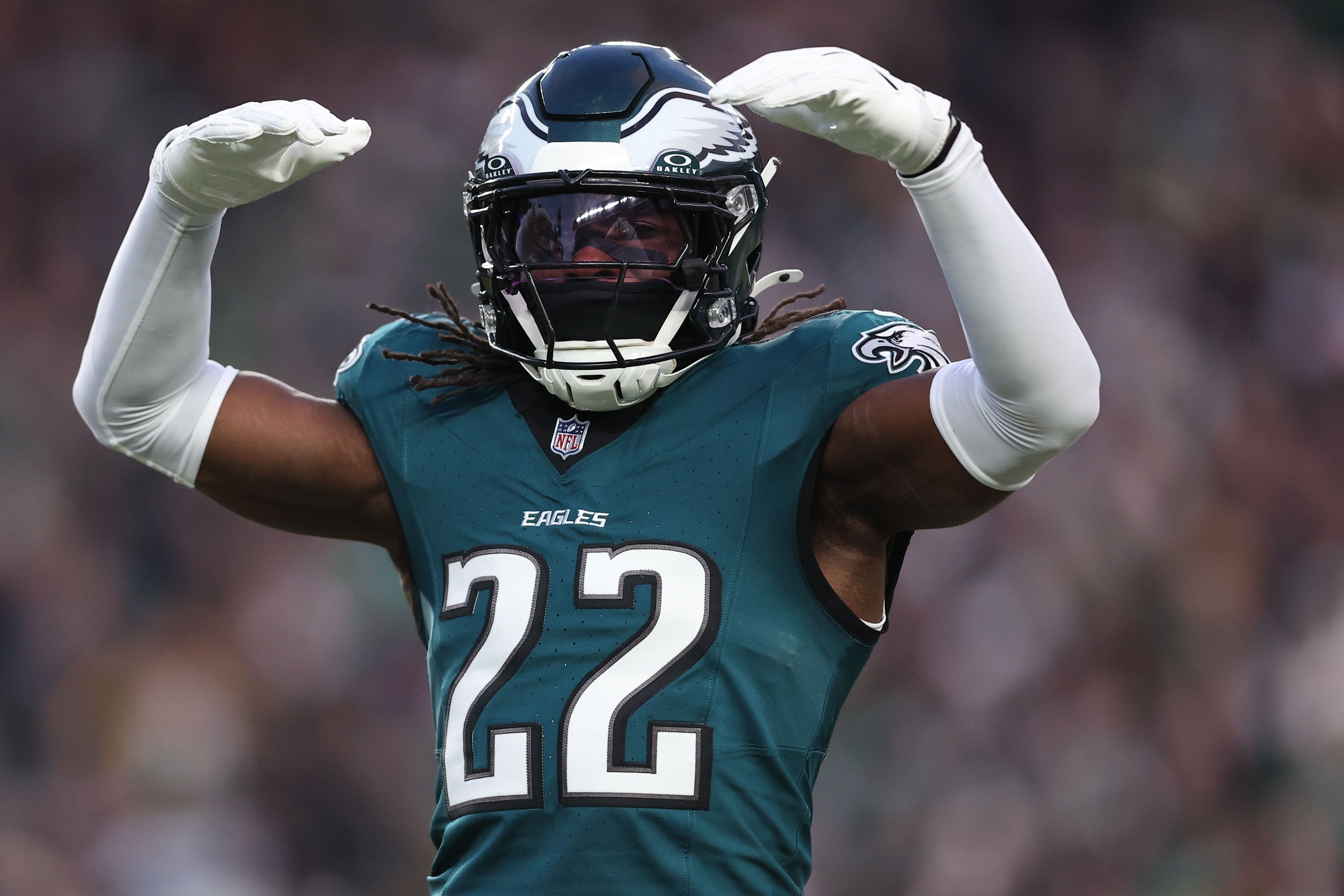 Philadelphia Eagles cornerback Kelee Ringo (22) reacts against the Green Bay Packers during the first quarter in the NFC wild card game at Lincoln Financial Field.