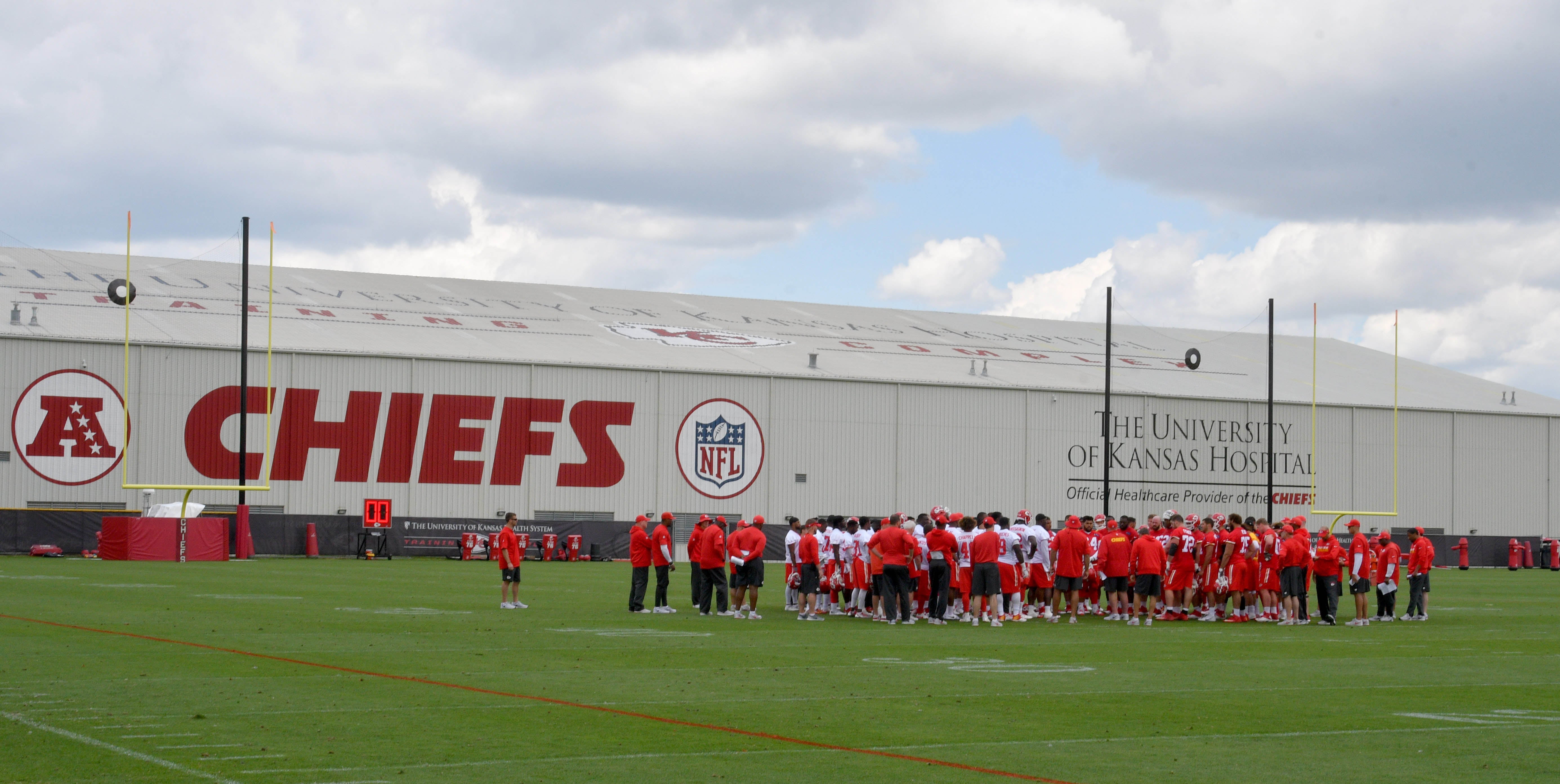 May 23, 2017; Kansas City, MO, USA; A general view of the team huddling on one of the practice fields after the organized team activities at the University of Kansas Hospital Training Complex.