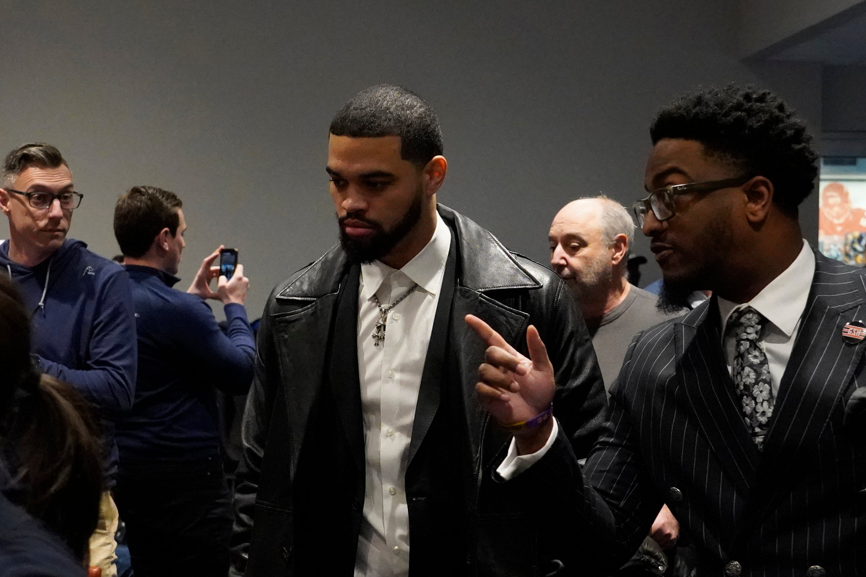 Jan 22, 2025; Lake Forest, IL, USA; Chicago Bears quarterback Caleb Williams arrives at a press conference introducing new head coach Ben Johnson at PNC Center.