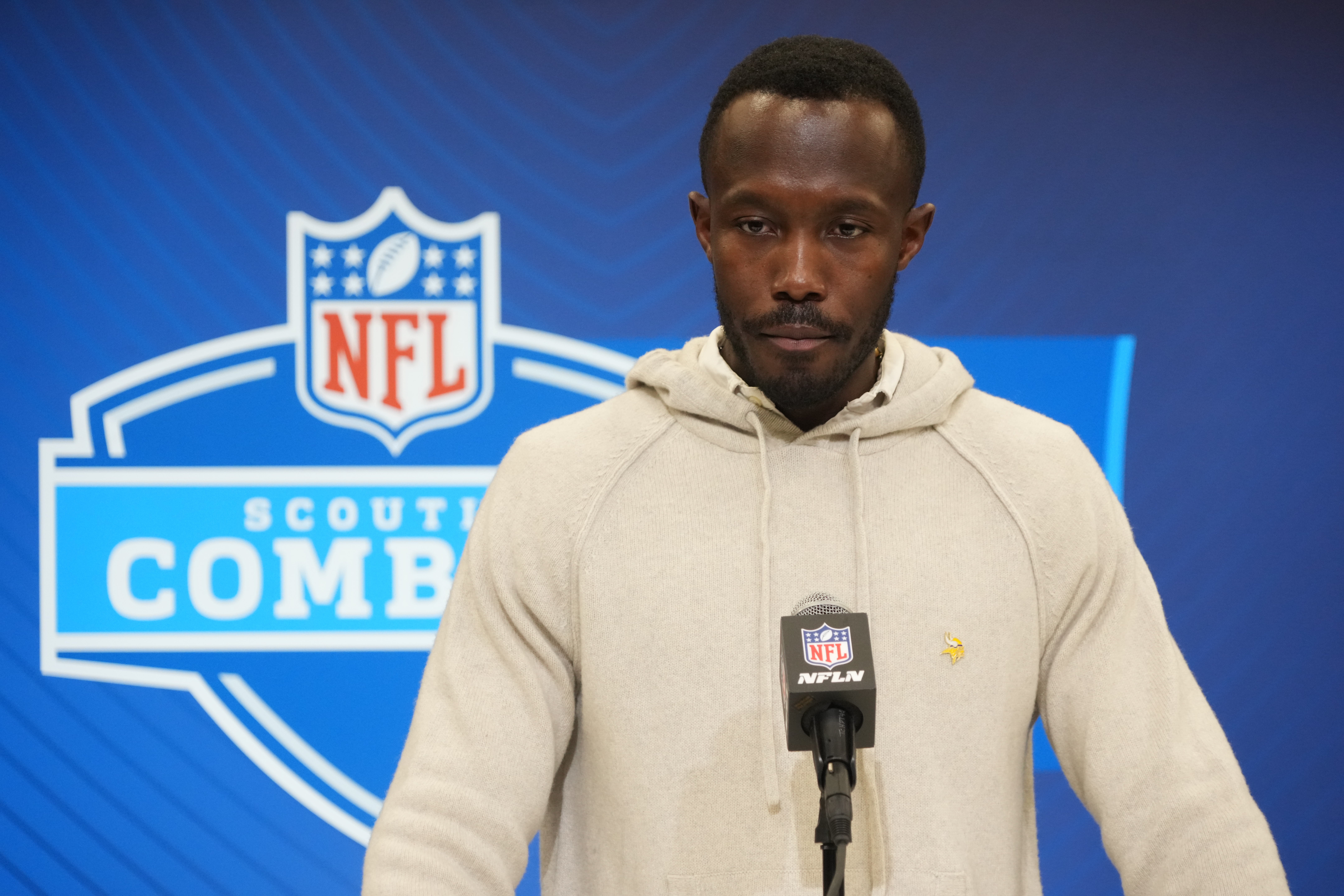 Feb 25, 2025; Indianapolis, IN, USA; Minnesota Vikings general manager Kwesi Adofo-Mensah speaks during the NFL Scouting Combine at the Indiana Convention Center.