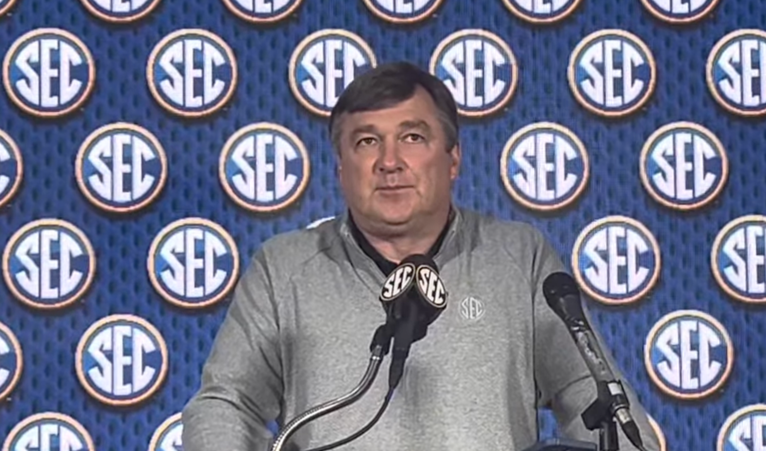 Kirby Smart. Georgia Bulldogs head football coach at the SEC Spring Meetings answering a question on the Transfer Portal.