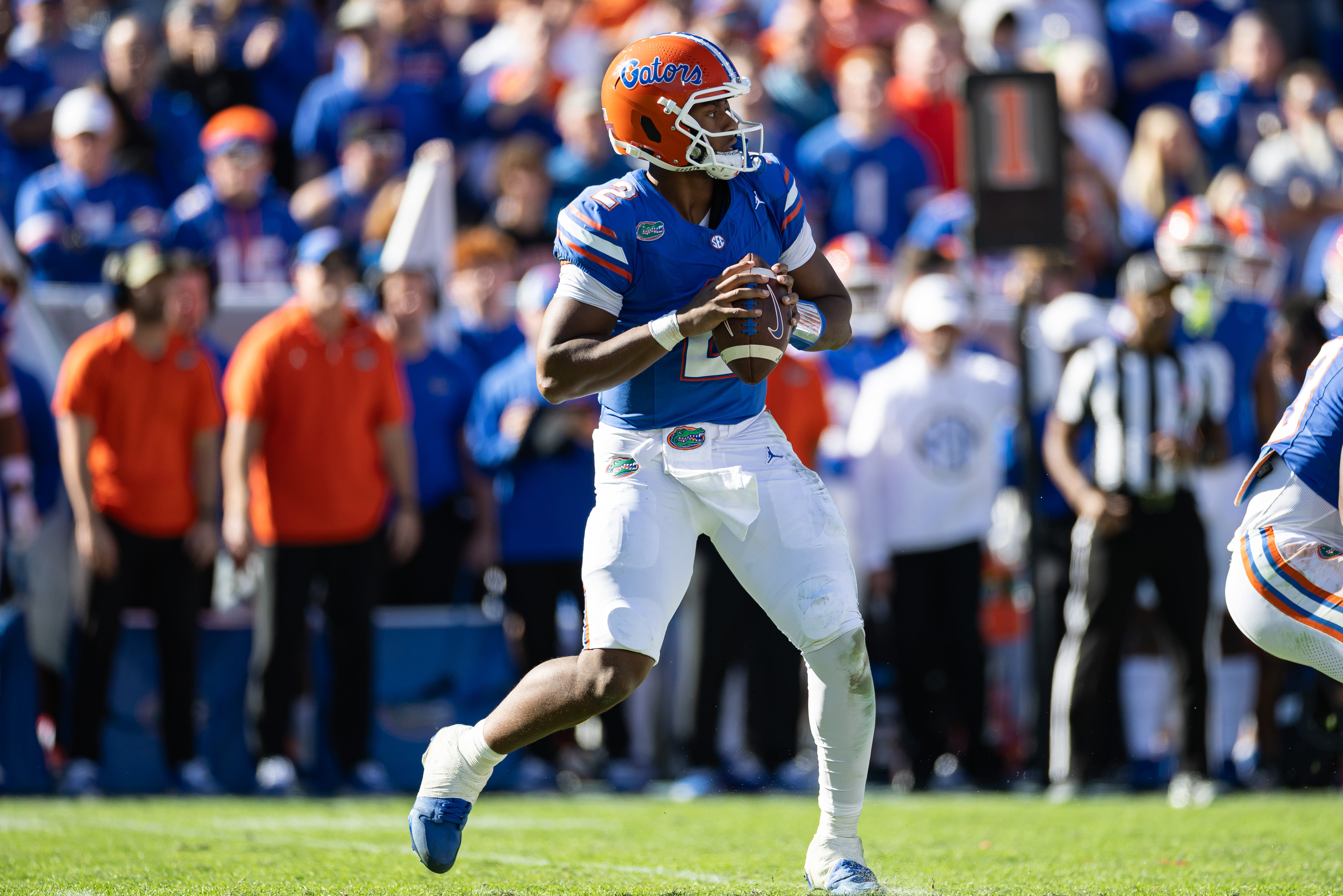 Nov 23, 2024; Gainesville, Florida, USA; Florida Gators quarterback DJ Lagway (2) looks to throw against the Mississippi Rebels during the second half at Ben Hill Griffin Stadium.