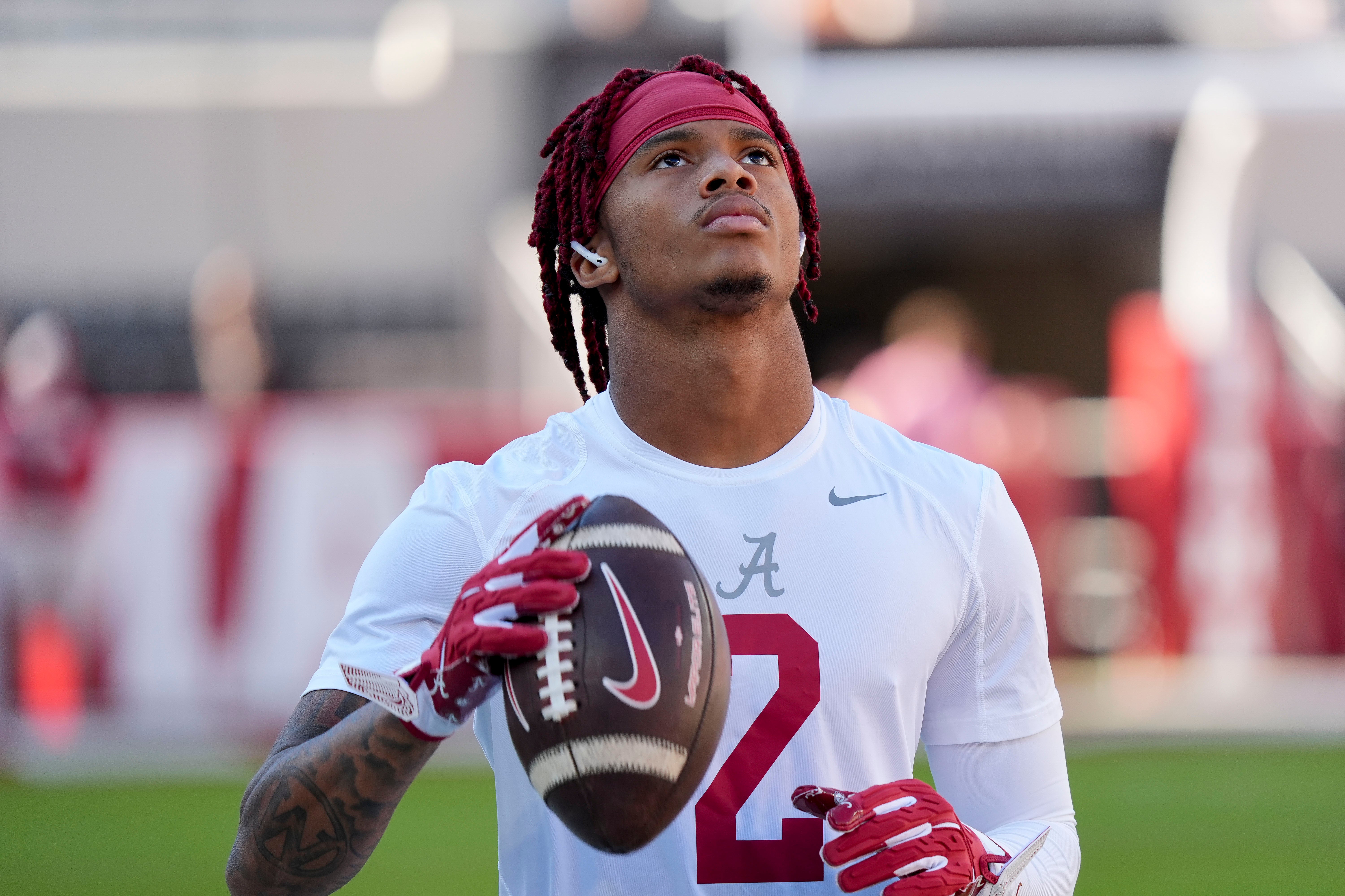 Oct 12, 2024; Tuscaloosa, Alabama, USA; Alabama Crimson Tide wide receiver Ryan Williams (2) warms up before the game with South Carolina at Bryant-Denny Stadium.