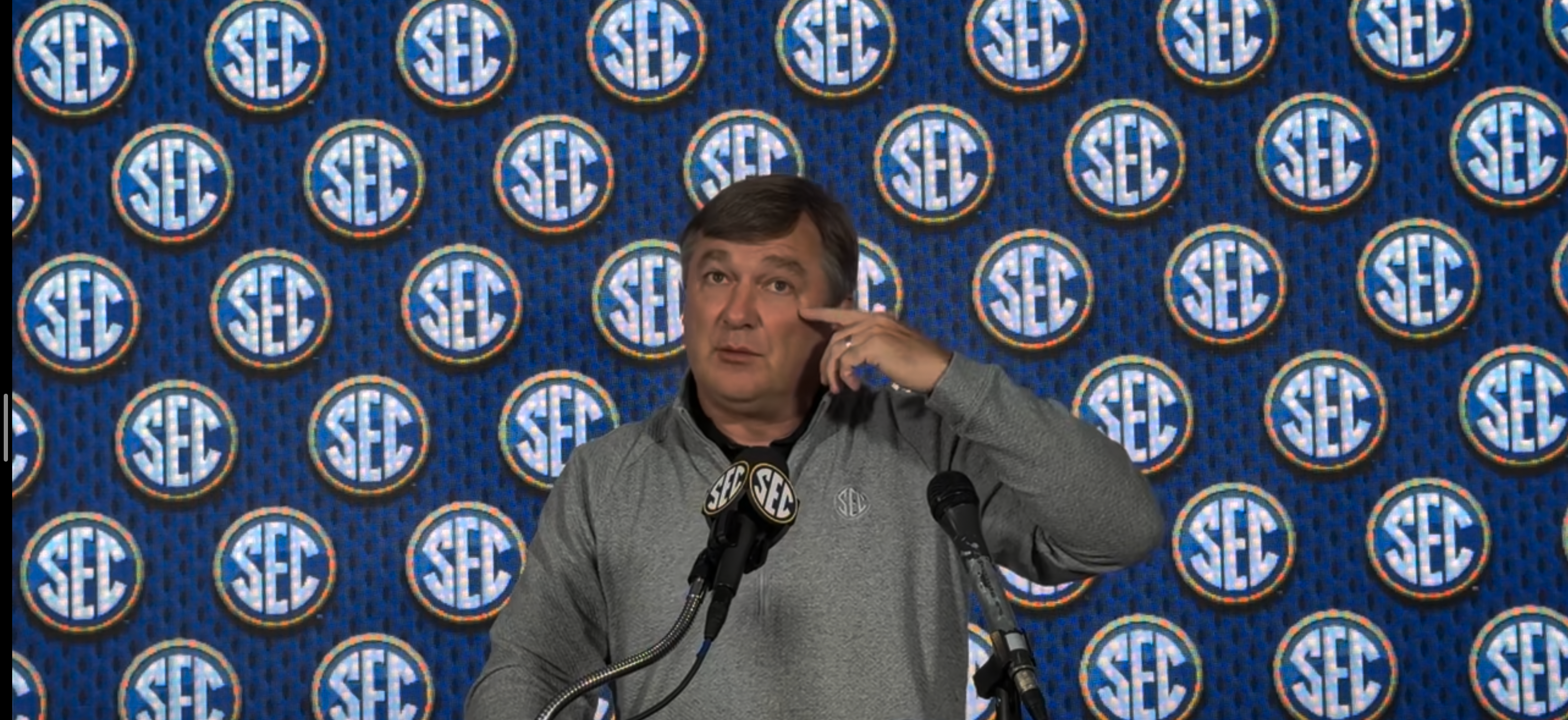 Georgia Bulldogs head coach Kirby Smart addresses the media at the 2025 SEC Spring meetings.