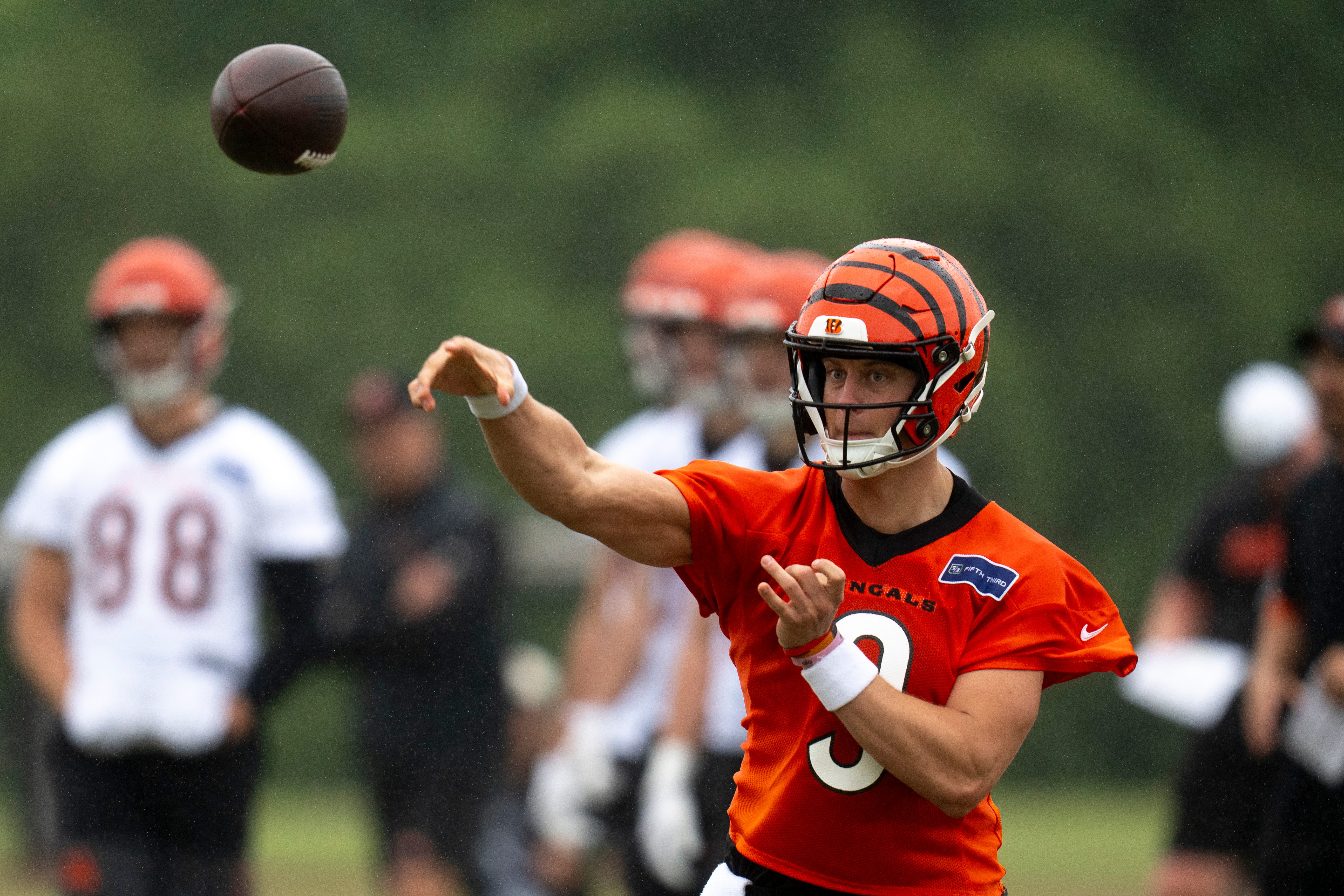 Cincinnati Bengals quarterback Joe Burrow (9) throws the ball during the Cincinnati Bengals practice in Cincinnati on Tuesday, May 27, 2025.