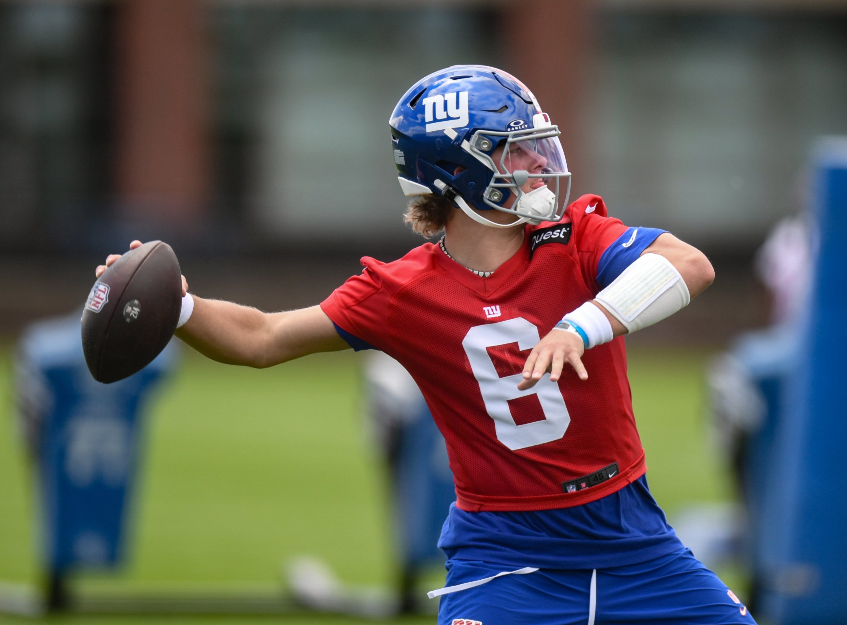 May 10, 2025; East Rutherford, NJ, USA; New York Giants quarterback Jaxson Dart (6) throws a pass during rookie minicamp at Quest Diagnostics Training Center.